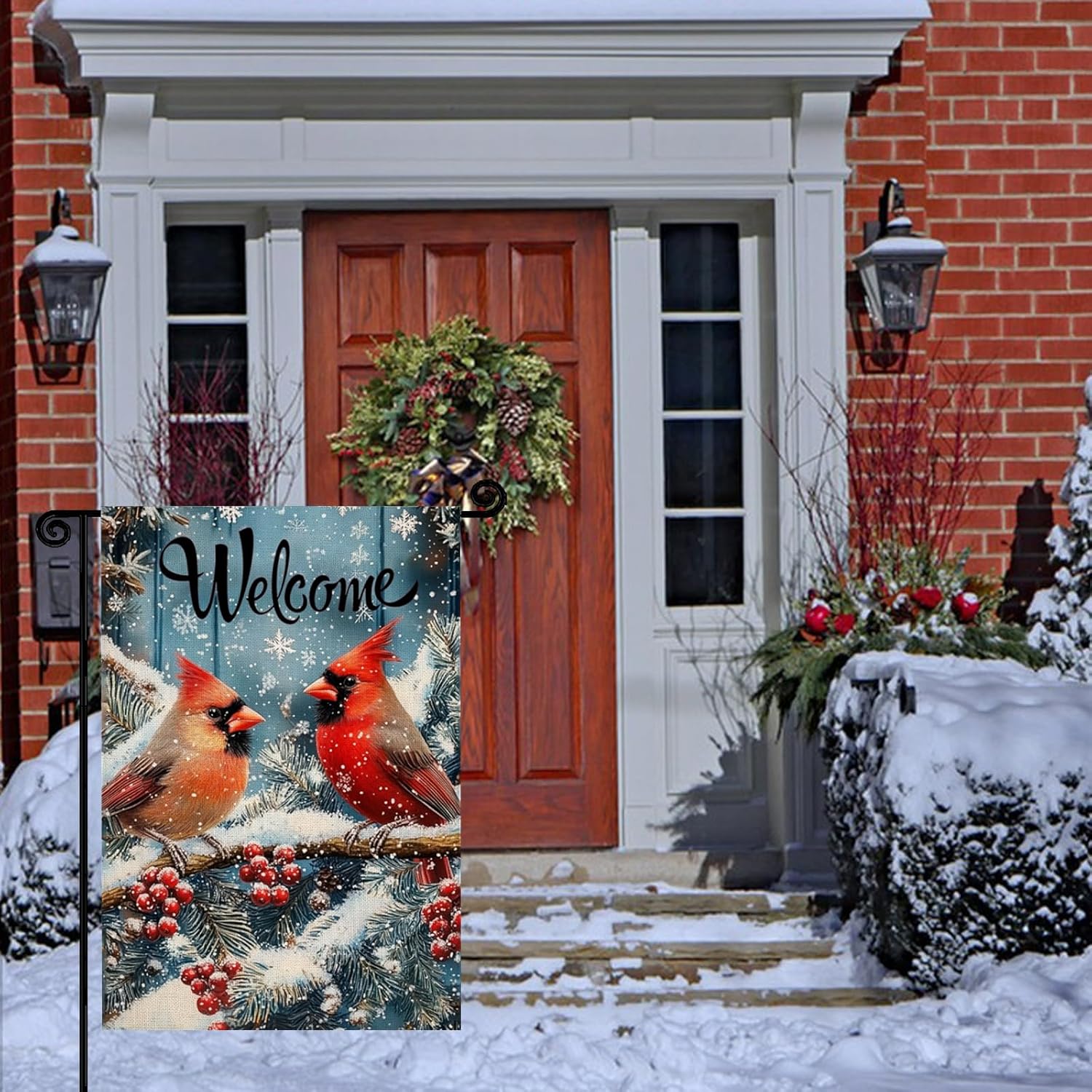 Winter Cardinal Garden Flag，12x18 Inch Double Sided Outside Cardinal Pine Twigs Berry Welcome New Year Yard Flag Farmhouse Outdoor Decor - Image 5