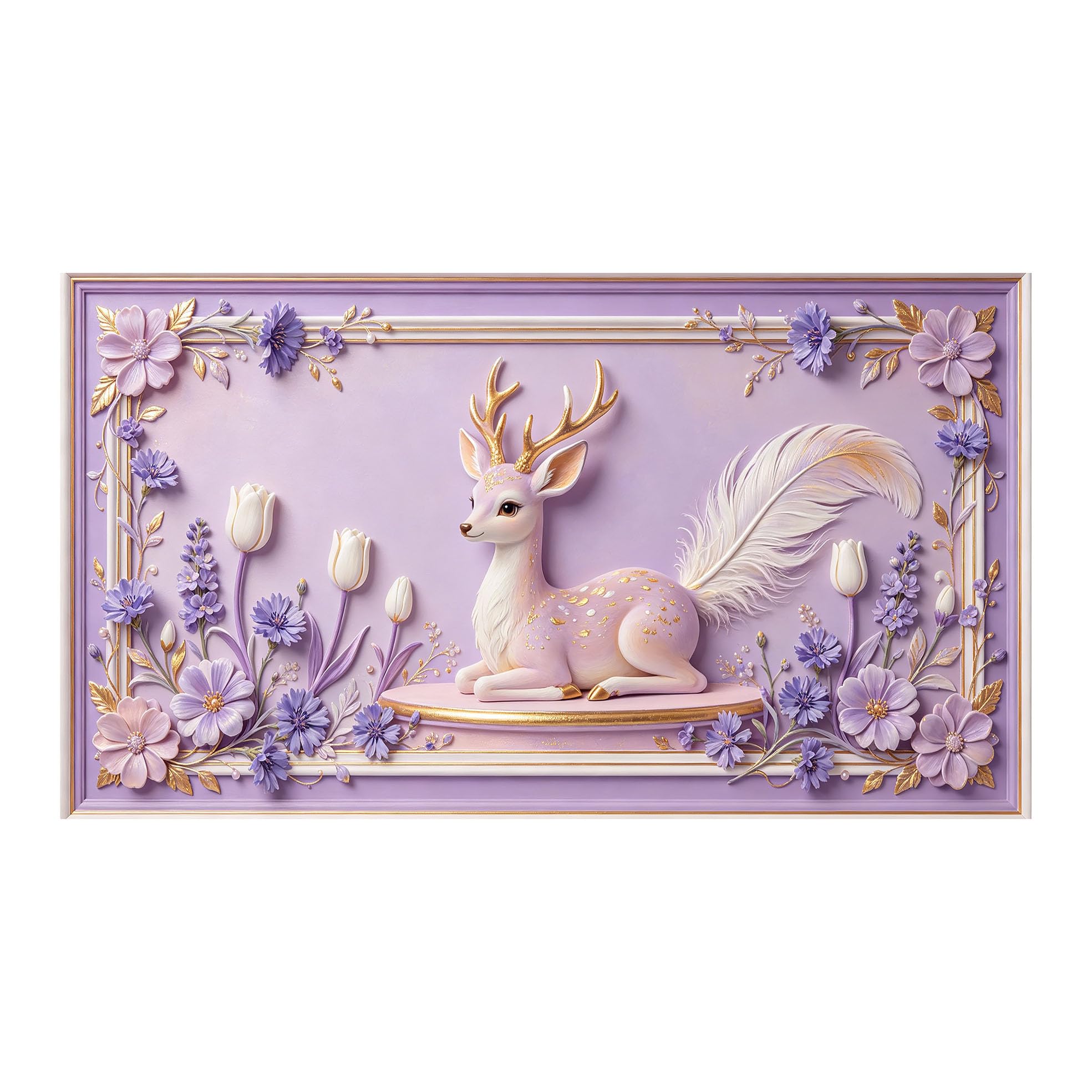 Murasolite 3D 3D Framed Wall Art 50cm×90cm Pastoral Deer Floral Oil Painting SelfAdhesive Fabric Mural Wall Decor, Peel and Stick No Damage to Wall for Bedroom Living Room