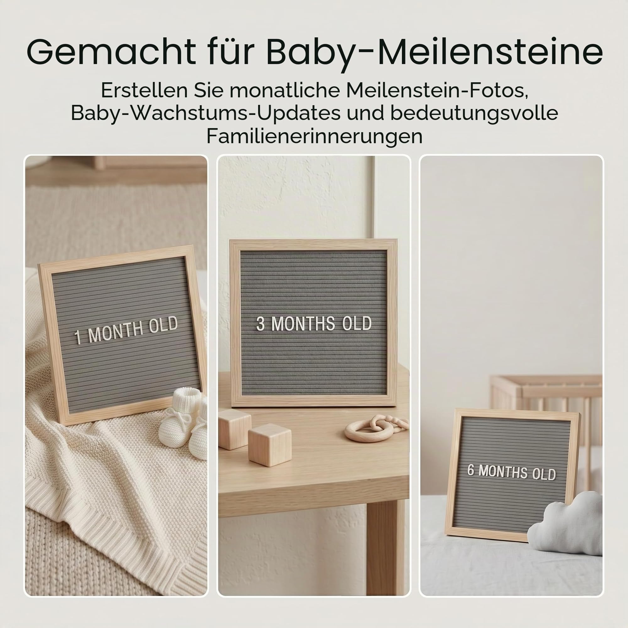 C CRYSTAL LEMON Buchstabentafel (Letter Board) 25 x 25 cm, grauer Filz, Holzrahmen, 336 Zeichen (Buchstaben, Zahlen, Symbole & Emojis) für Notizen, Deko & Fotos | Austauschbares Nachrichtenbrett mit neutralem grauem Filz, Holzrahmen und Tischständer für Z