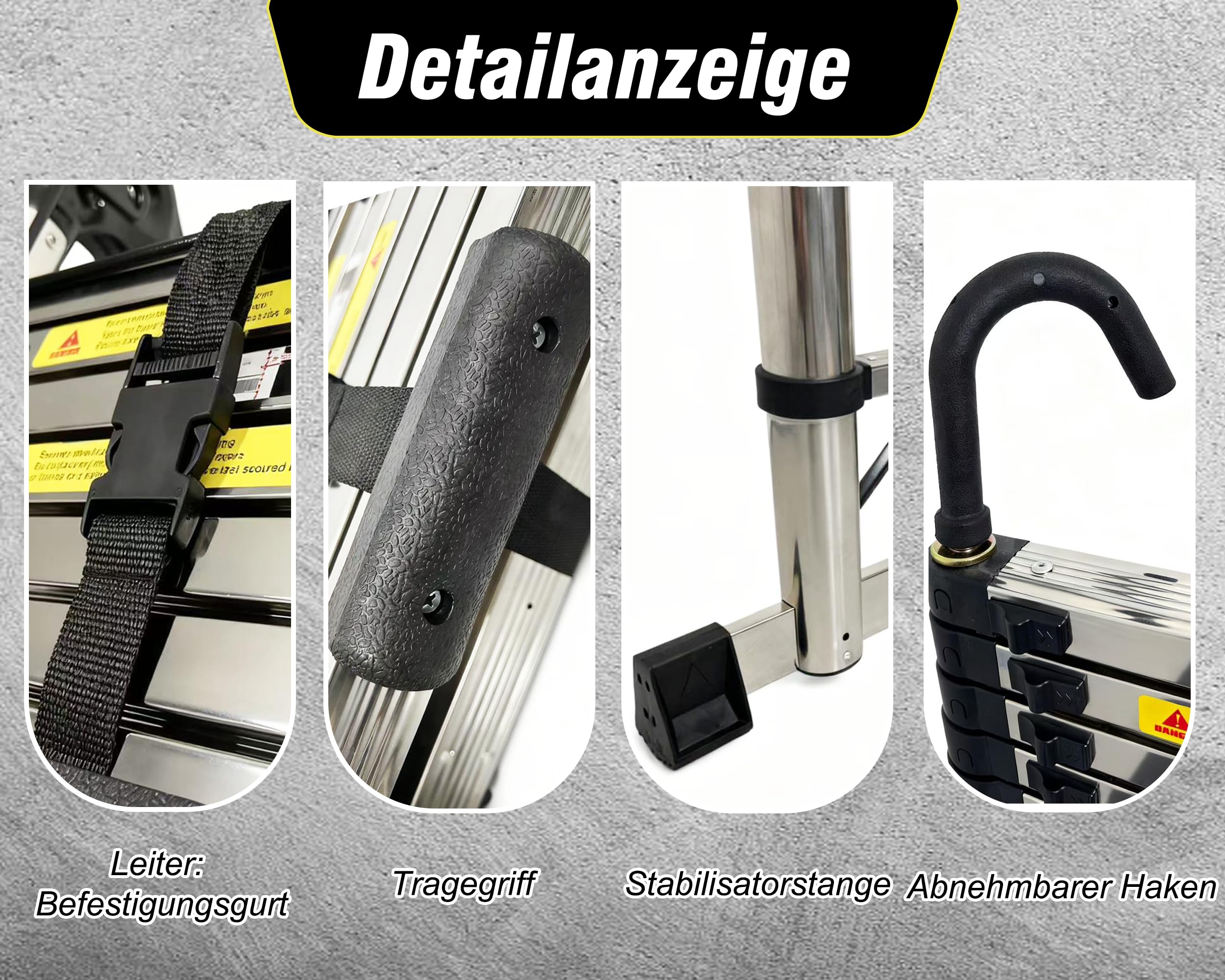 6,3-Meter Teleskopleiter mit verstärkten Haken, extra hoher Anti-Schwenk-Erweiterungseil, 150 kg Anti-Klemm-Schnellzusammenklappbarer Leiter für Gebäude mit 2–3 Stockwerken