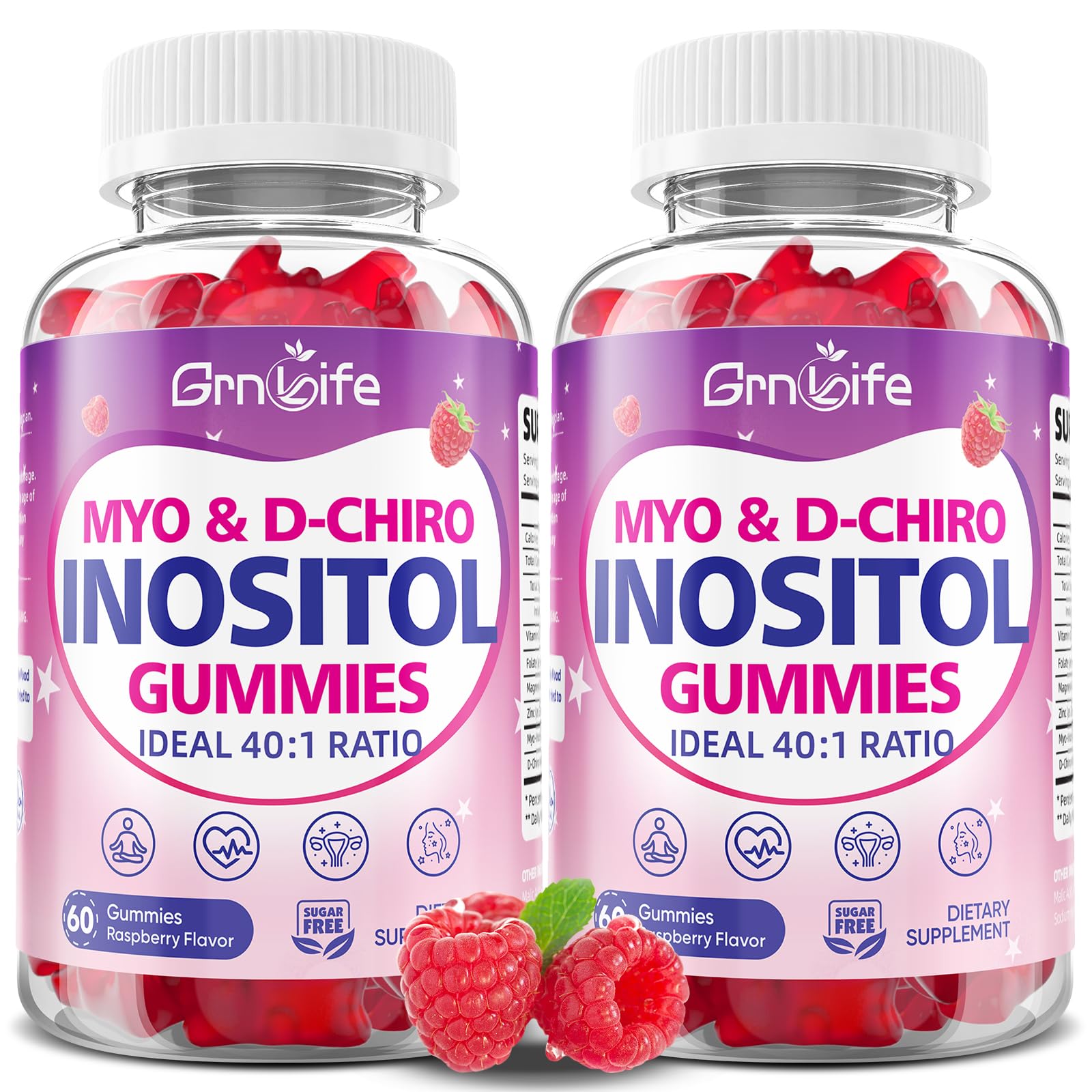 2PCS Myo-Inositol & D-Chiro Inositol Gummies for Women, 40:1 Ratio Inositol with Vitamin D3, Magnesium Glycinate, Methyl Folate for Female Health & Wellness, Sugar Free, Raspberry Flavor, 120 Count 120 Count (Pack of 1)
