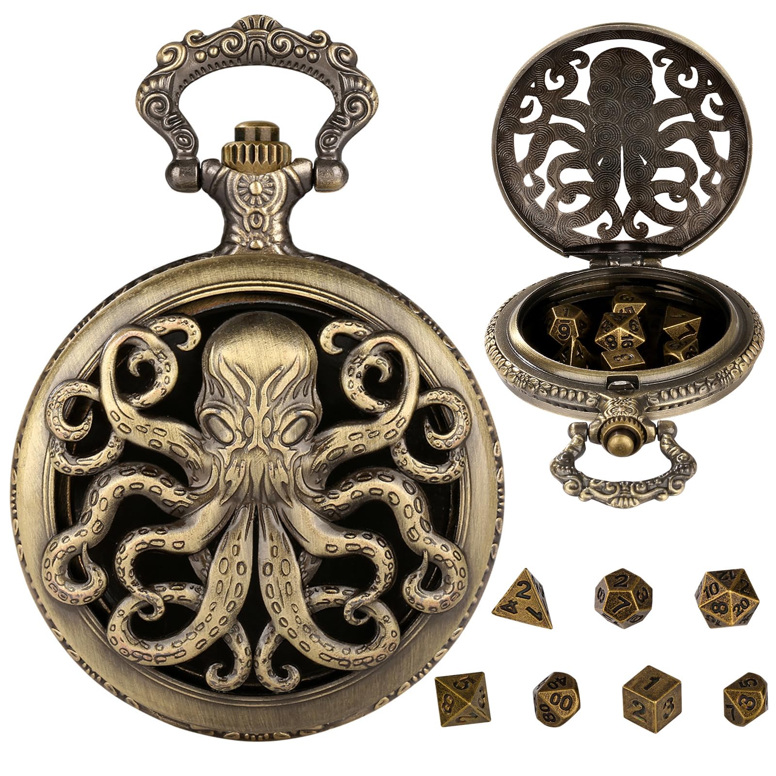 Mini Dados DND con Caja de Reloj de Bolsillo Steampunk Hueco Pulpo - 7 Piezas Poliédrico Metal D&D Juego de Mesa - Bronce