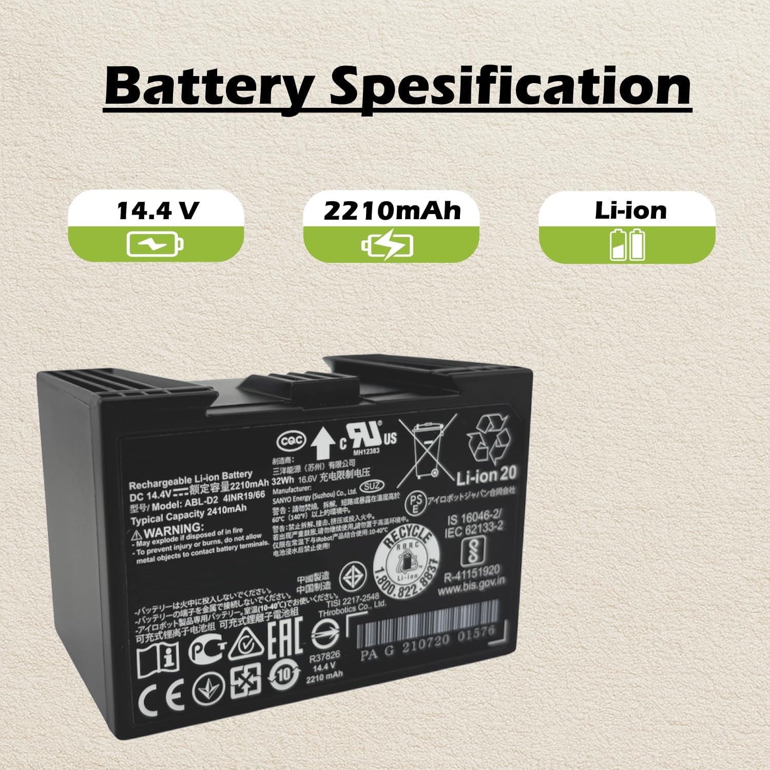 Goodsby Replacement High Capacity Rechargeable Li-ion Battery 14.4V 2210mAh for Roomba e i j Series e5 e6 i1 i1+ i2 i2+ i3 i3+ i4 i4+ i5 i5+ i6 i6+ i7 i7+ i8 i8+ j7 j7+ Robot Vacuum Cleaner (ABL-D2)