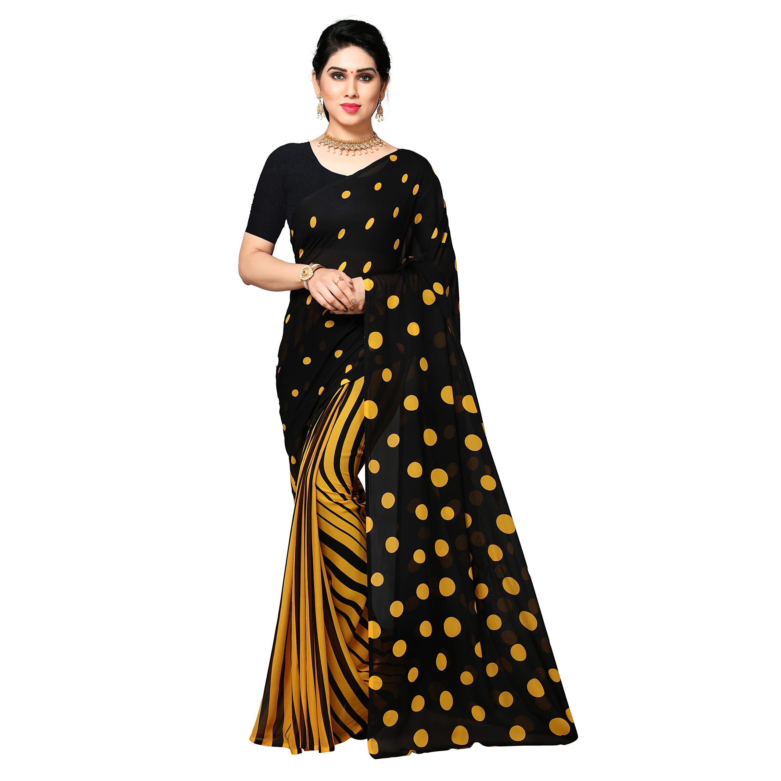 Kashvi sareesGeorgette with Blouse Piece Saree (Kashvi1610_Chrome Yellow & Black_One Size)