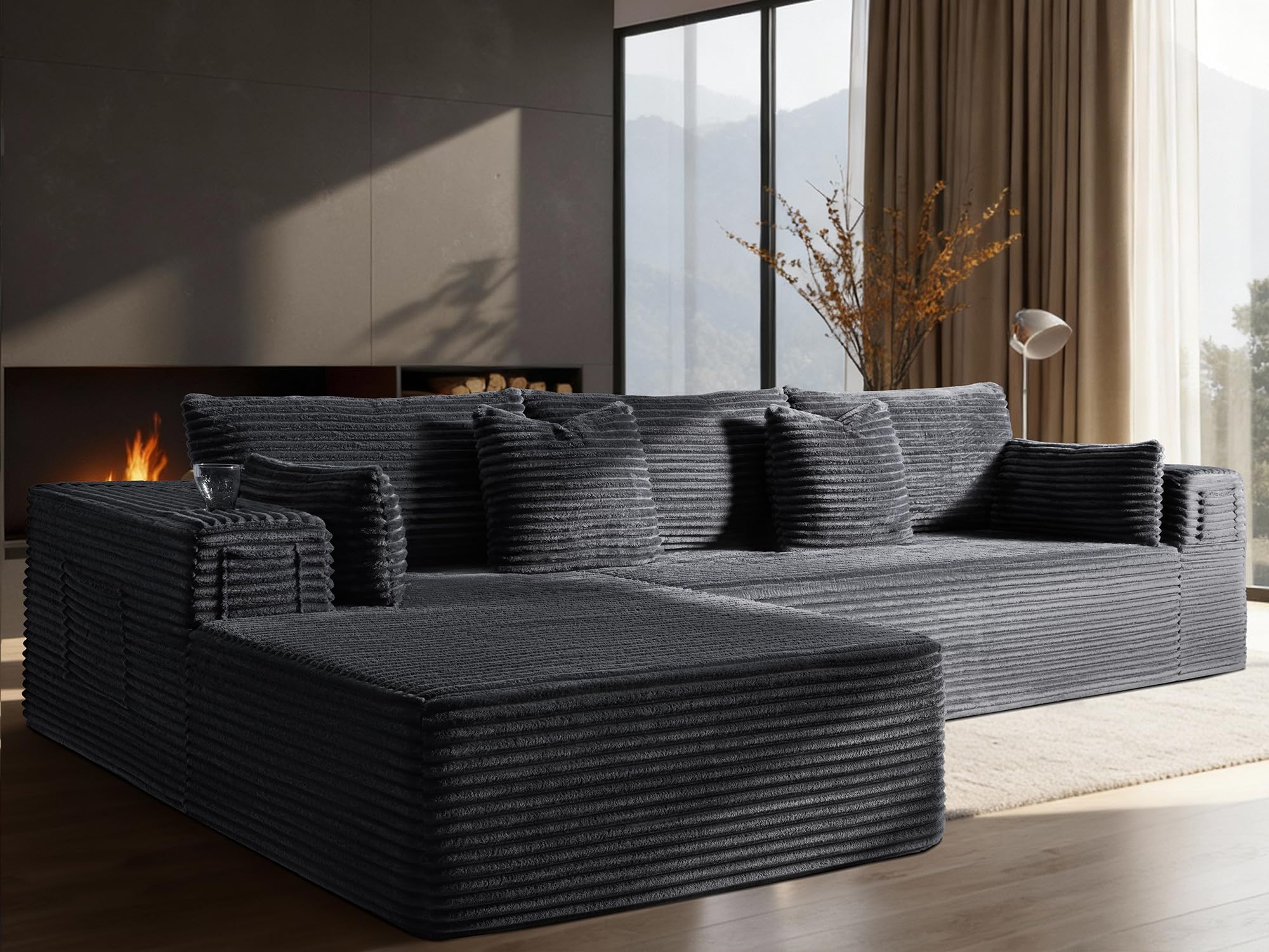 108" Oversized Cloud Sectional Couch, Comfort L Shaped Boneless Couch for Living Room, Extra Deep Seats No Assembly, Minimalist Modular Sofa, Corduroy (Dark Grey, 2 Seater+Left Facing Chaise)