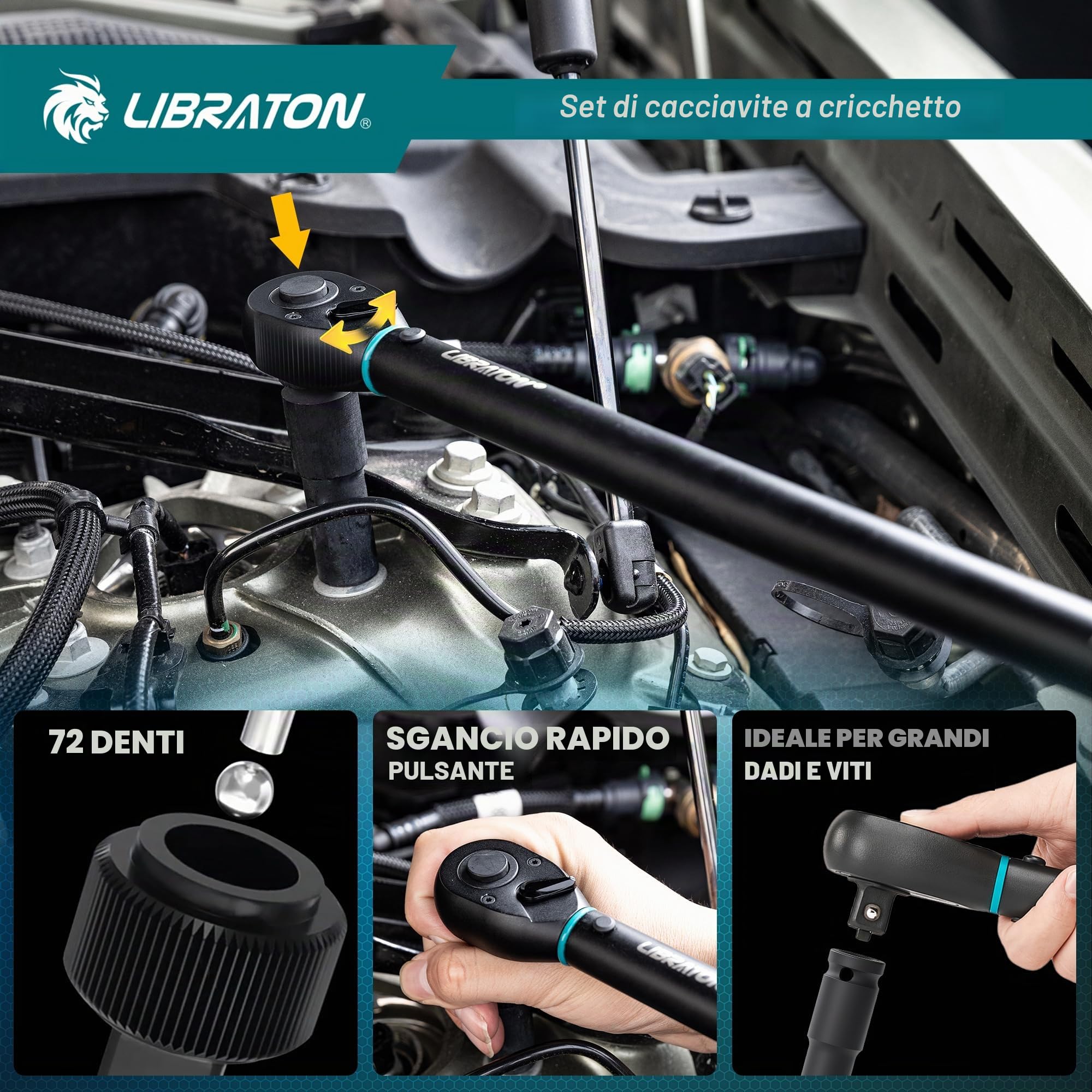 LIBRATON Chiave dinamometrica 1,27 cm, 50-350 NM, chiave dinamometrica ± 3% di precisione, robusta asta del cambio da 55,9 cm, 72 denti a doppia direzione regolabile per la manutenzione del motore e