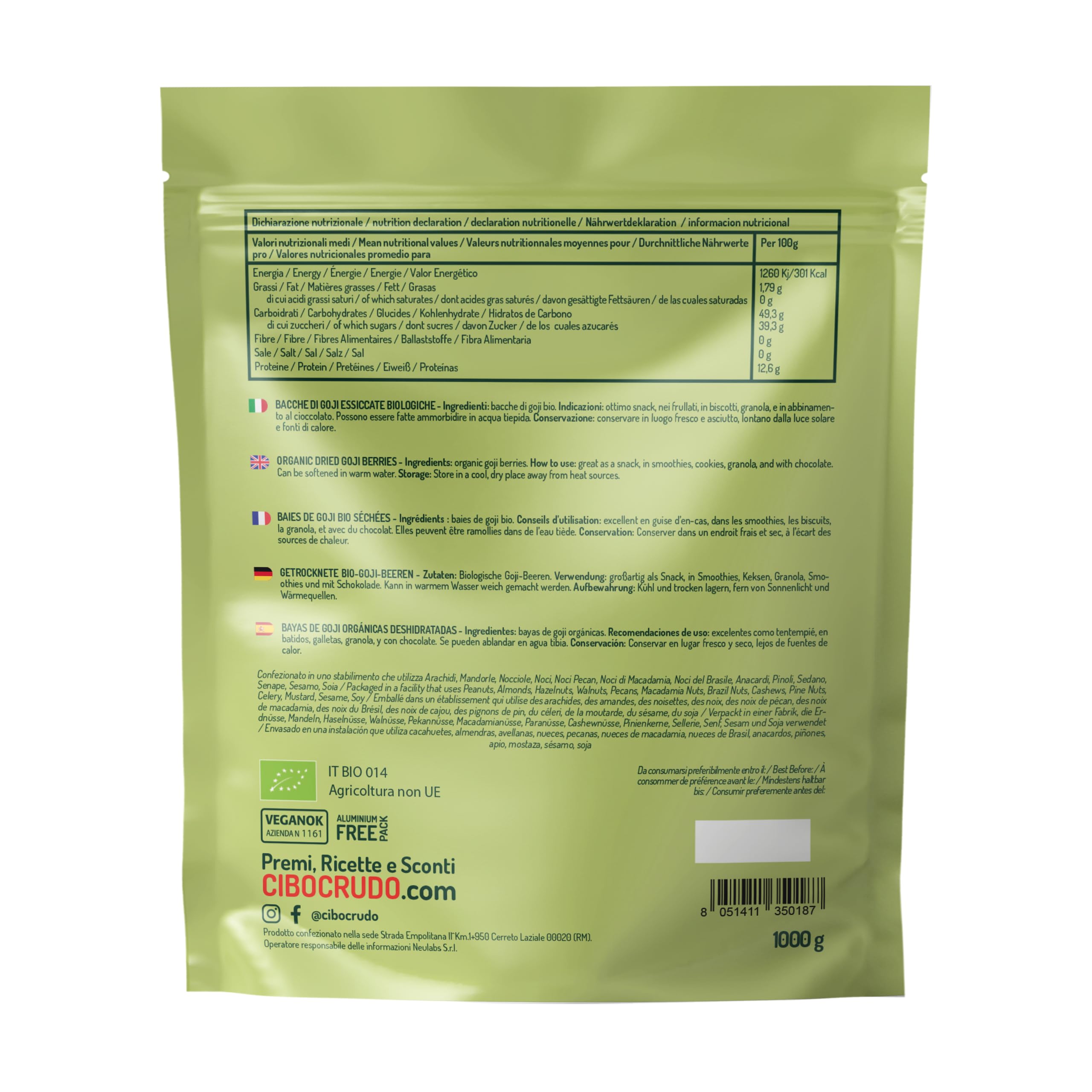 Cibocrudo Bacche di Goji Biologiche Crude, Goji Berries Raw Organic, Premium Quality, Lycium Barbarum, Bacche di Goji Bio Frutta Essiccata, senza Zuccheri Aggiunti, Etichette in Italiano, 1 Kg