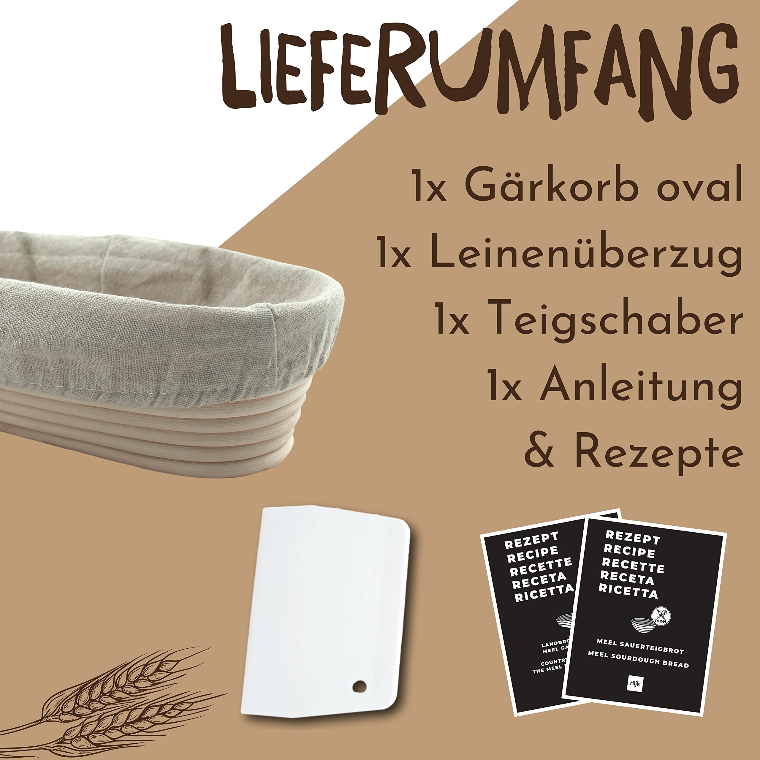 riijk Gärkörbchen + Teigschaber – Der ideale Gärkorb aus natürlichem Peddigrohr (oval, 28 cm) – mit Leineneinsatz, rostfrei geklammert