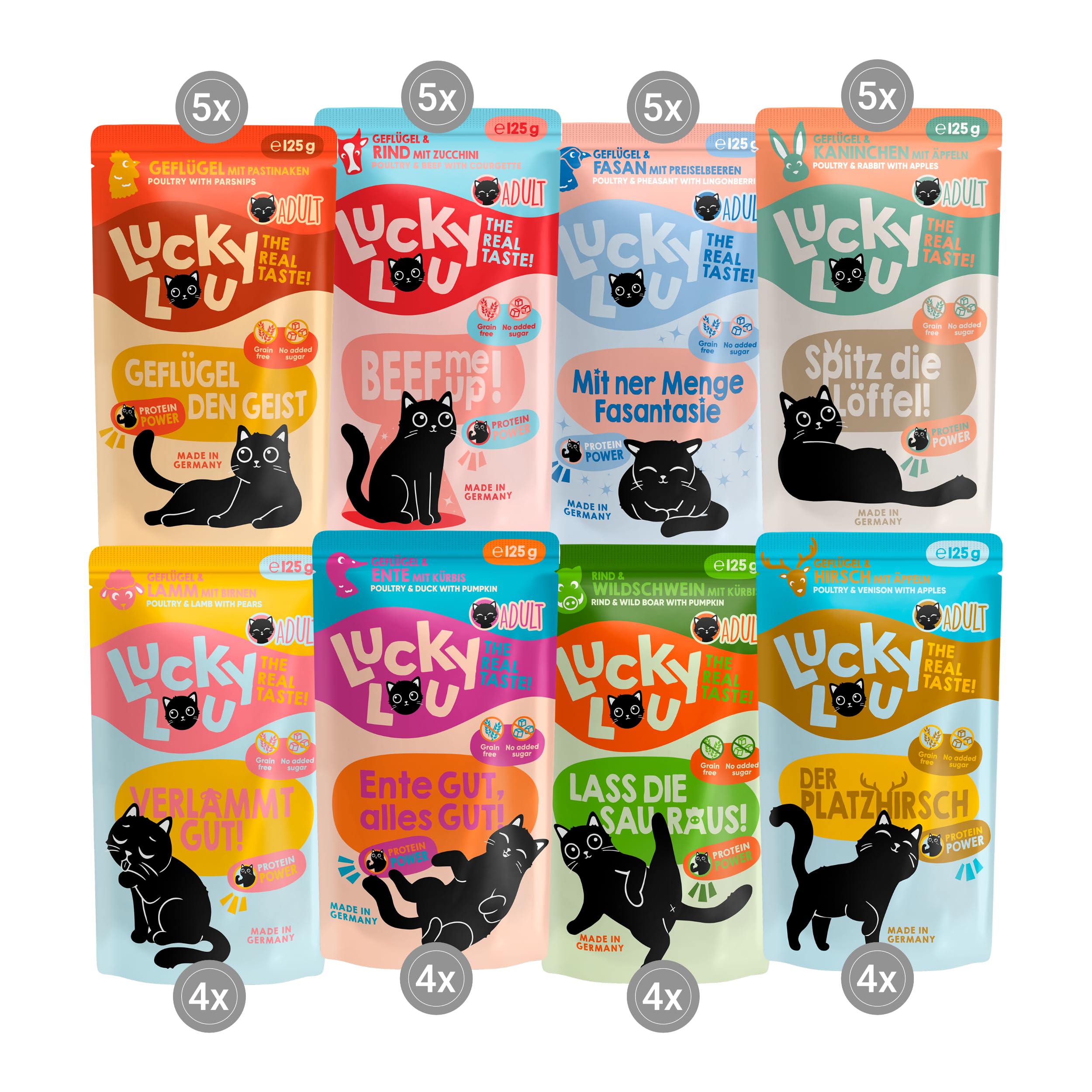 Lucky Lou Lifestage Adult Katzenfutter nass - hochwertiges Katzenfutter mit viel Protein - Nassfutter getreidefrei & ohne Zucker (125g (36er Pack), 8 Sorten Mix)