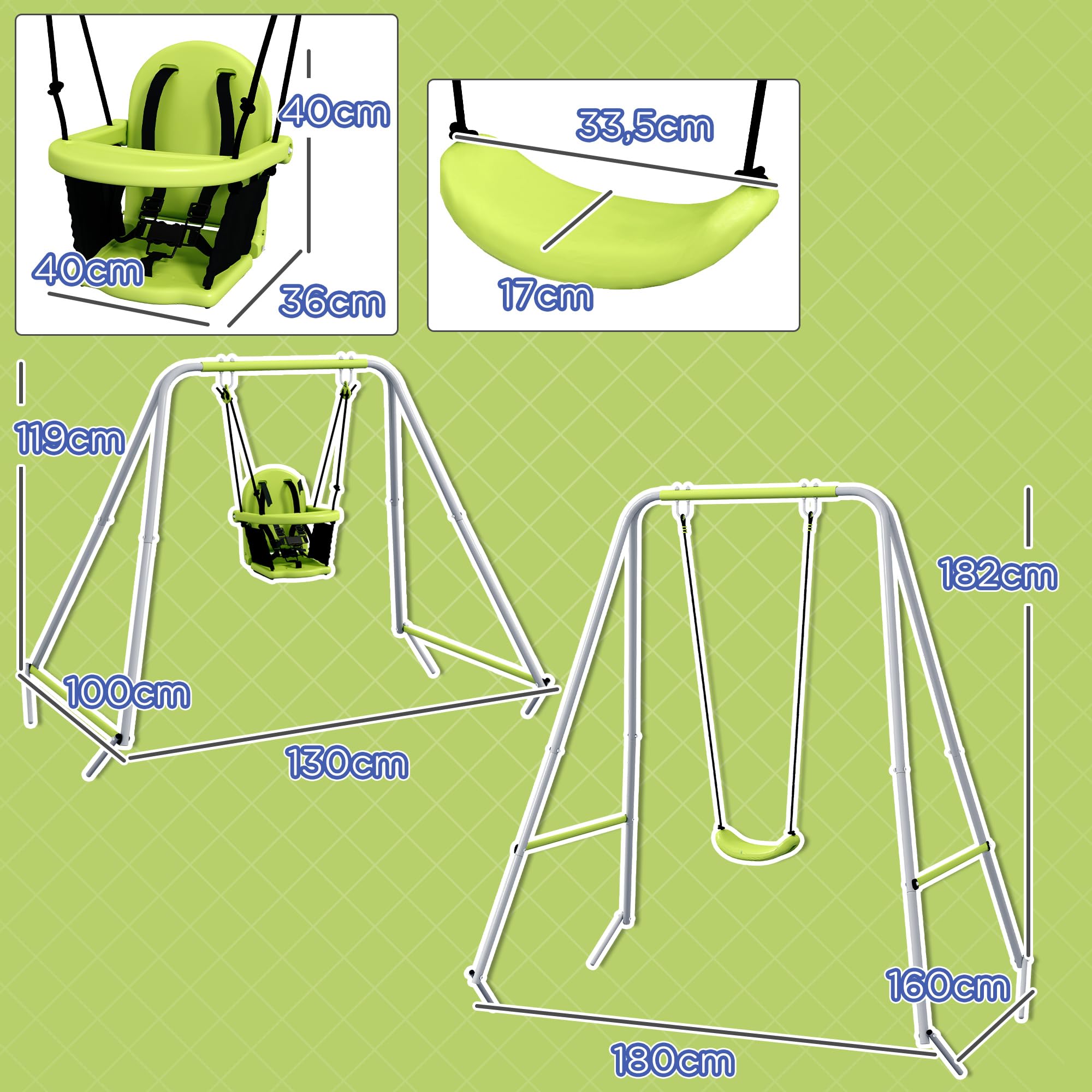 Outsunny Balançoire Portique pour Enfant 2 en 1 IntérieureEextérieure Vert | Ceinture De Sécurité À 5 Points, Facile À Assembler Et À Ranger