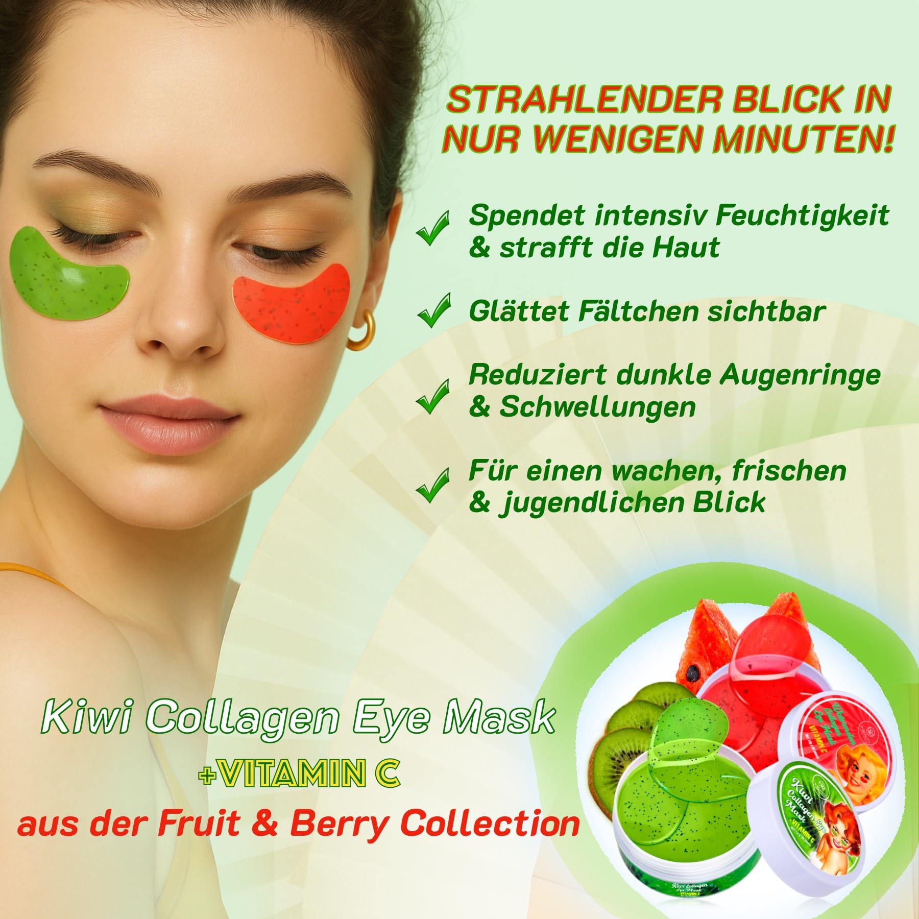 P-Beauty kolagenowe płatki pod oczy kiwi 10 x 60 sztuk – hydrożelowe maski pod oczy z witaminą C i hialuronem – przeciw zmarszczkom, opuchliznom, workom pod oczami i zmęczonym oczom