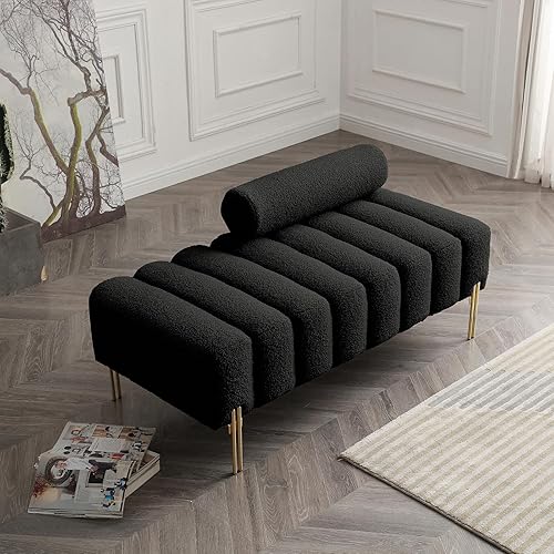 Miniatura 4 de Homtique Banco moderno de 53.2 pulgadas, cómodo banco tapizado de tela Sherpa para dormitorio con respaldo redondo ajustable, asiento de banco con