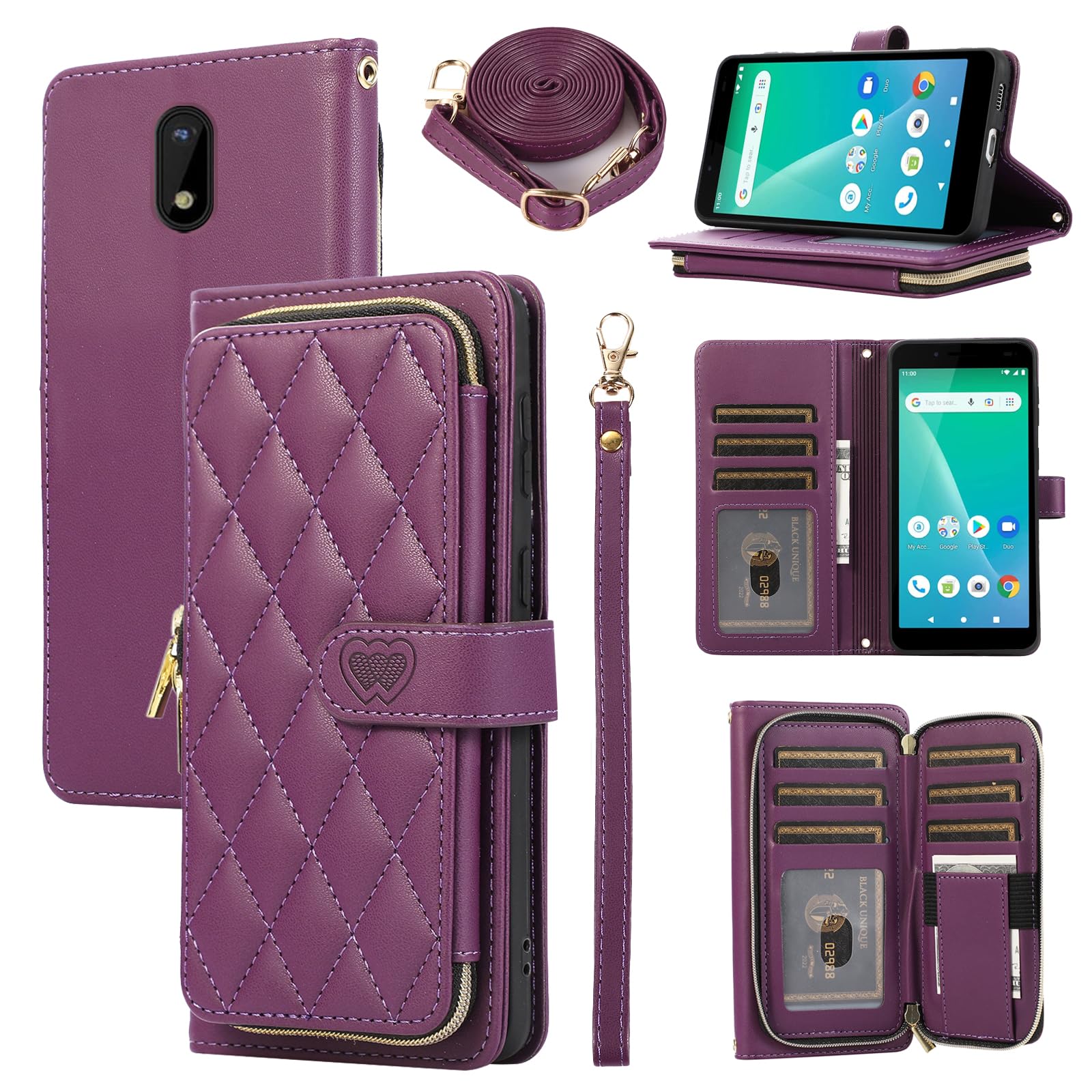 Furiet Argyle Wallet Case for Unimax UMX U696CL with Wrist Strap Shoulder Strap, 9+ Card Slots Zipper Purse Luxury PU Leather Card Holder Stand Checkered Cell Phone Cover for Women Girls Deep Purple