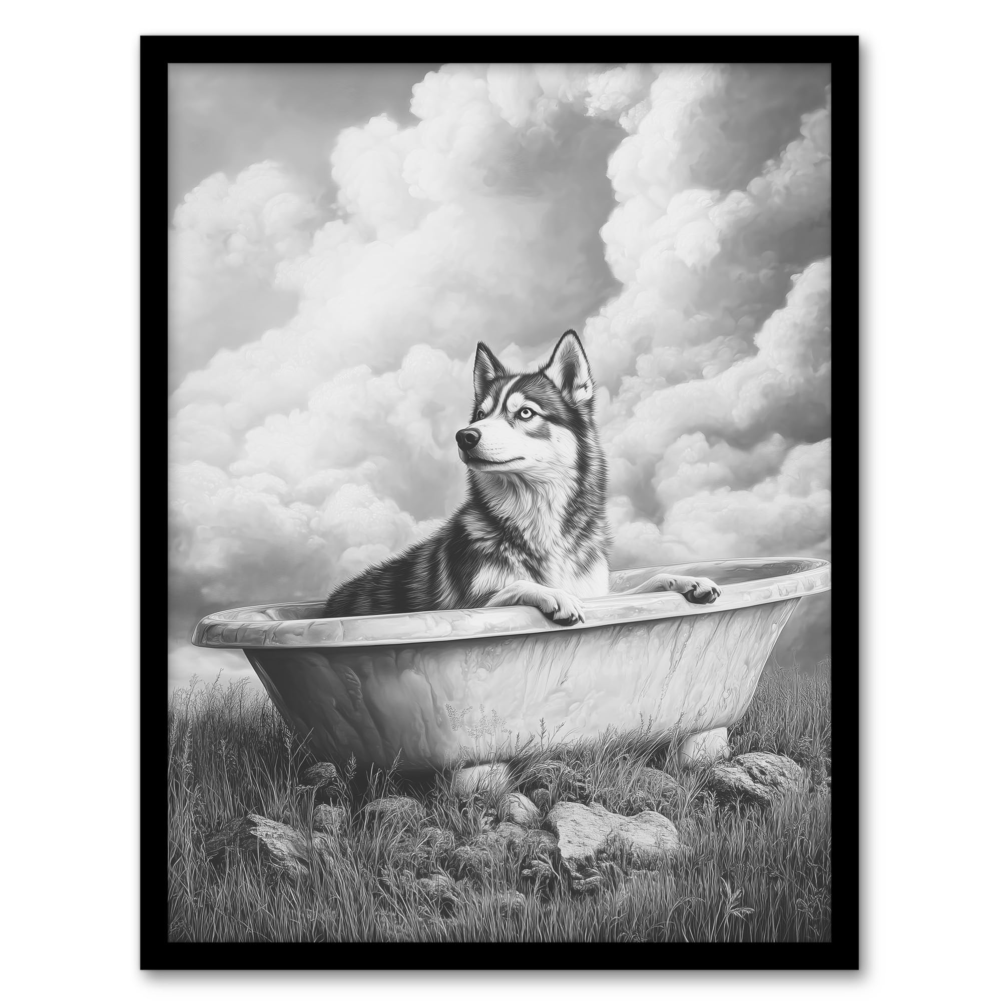 Artery8 Husky Bath Time Bathtub Black White Surreal Bathroom Toilet Artwork Framed Wall Art Print A4