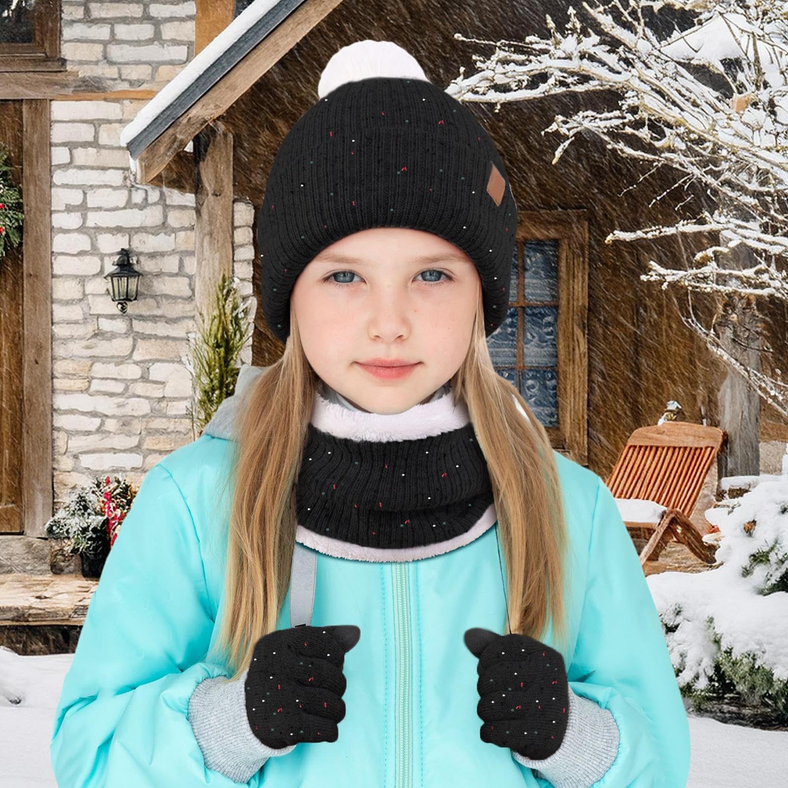 Set invernale con cappello e sciarpa e guanti per bambini, con cappello lavorato a maglia, morbido, confortevole, per il freddo, per passeggiate, pattinaggio, ciclismo, escursionismo, avventure