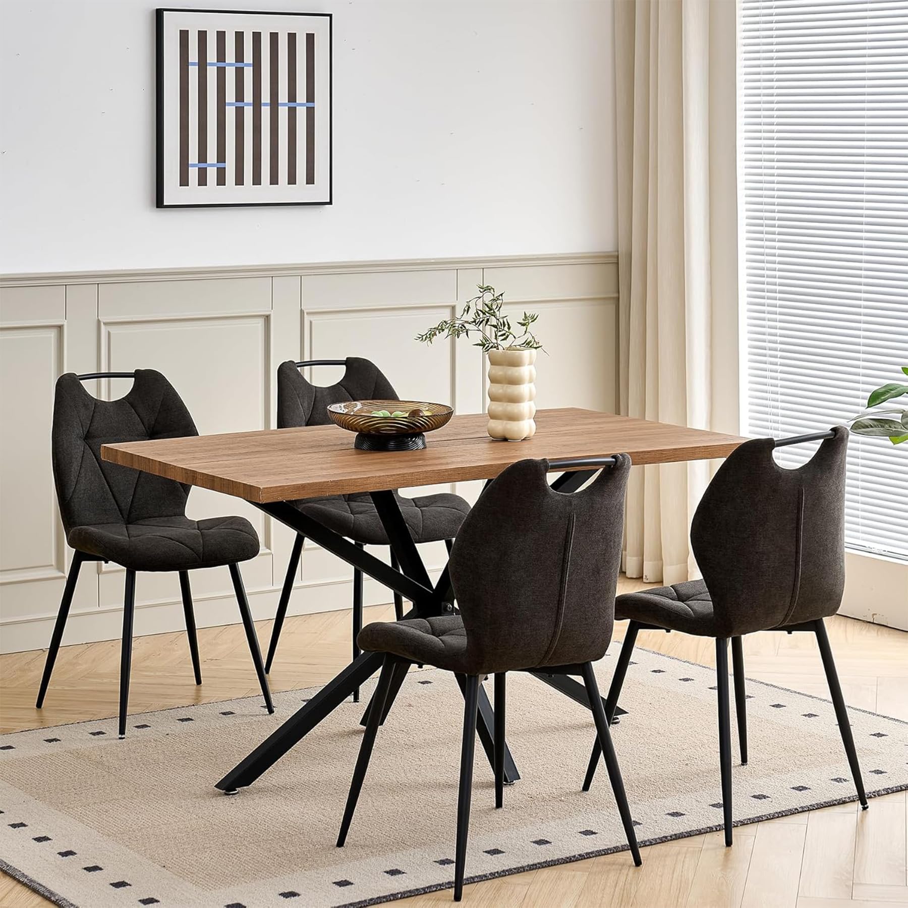 Essgruppe Set Tisch und Stühle, Rechteckiger Esstisch (140 cm) mit 4 Esszimmerstühlen aus Leinenstoff und Griff für Küche, Esszimmer (Dunkles Holzdekor+4*stühle (Schwarz))