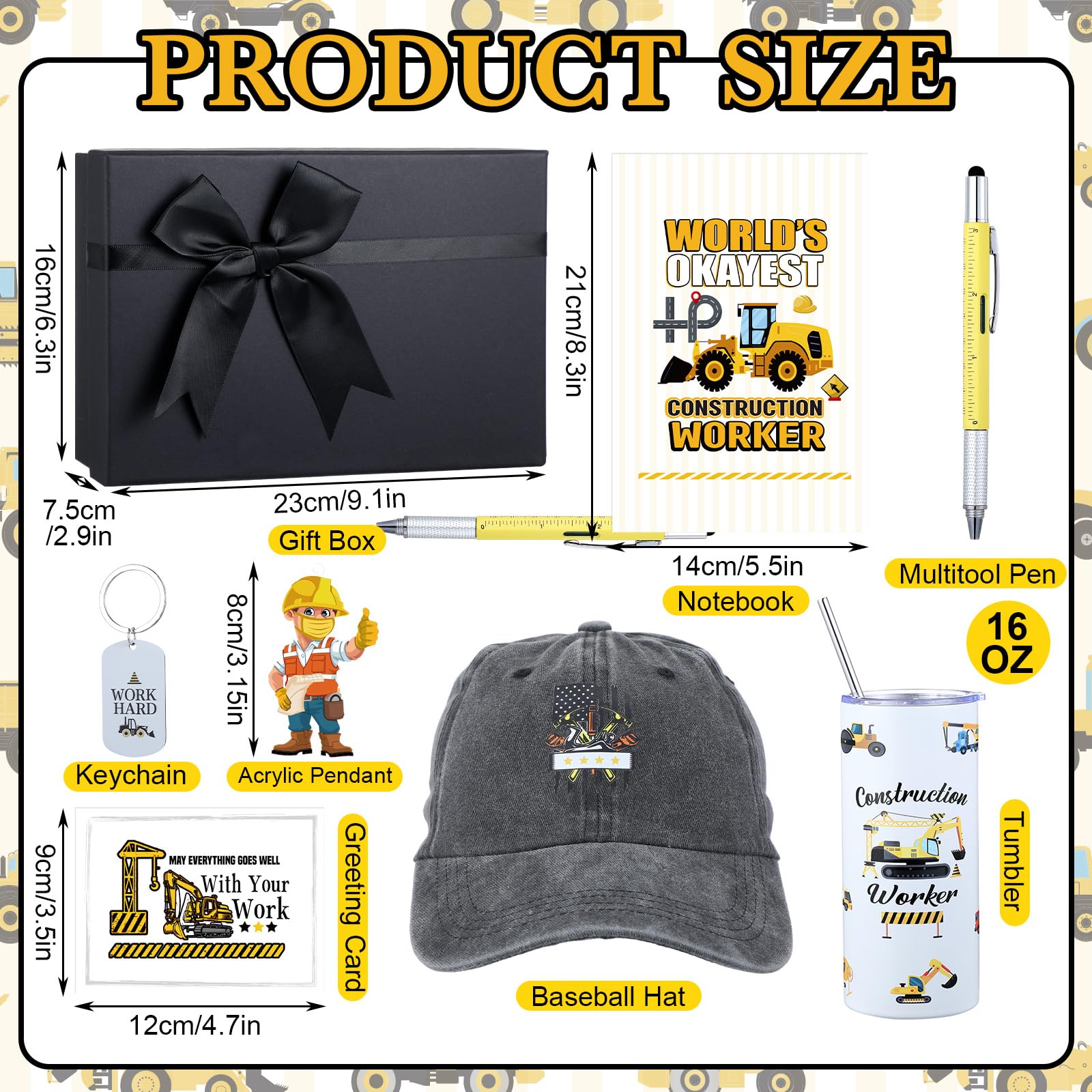 Patelai 9 Pcs Construction Worker Christmas Gifts for Men Include 16 oz Tumbler Coffee Mug Multi-tool Pen Baseball Hat Socks Notebook Keychain Pendant for Father Boyfriend Birthday Gift