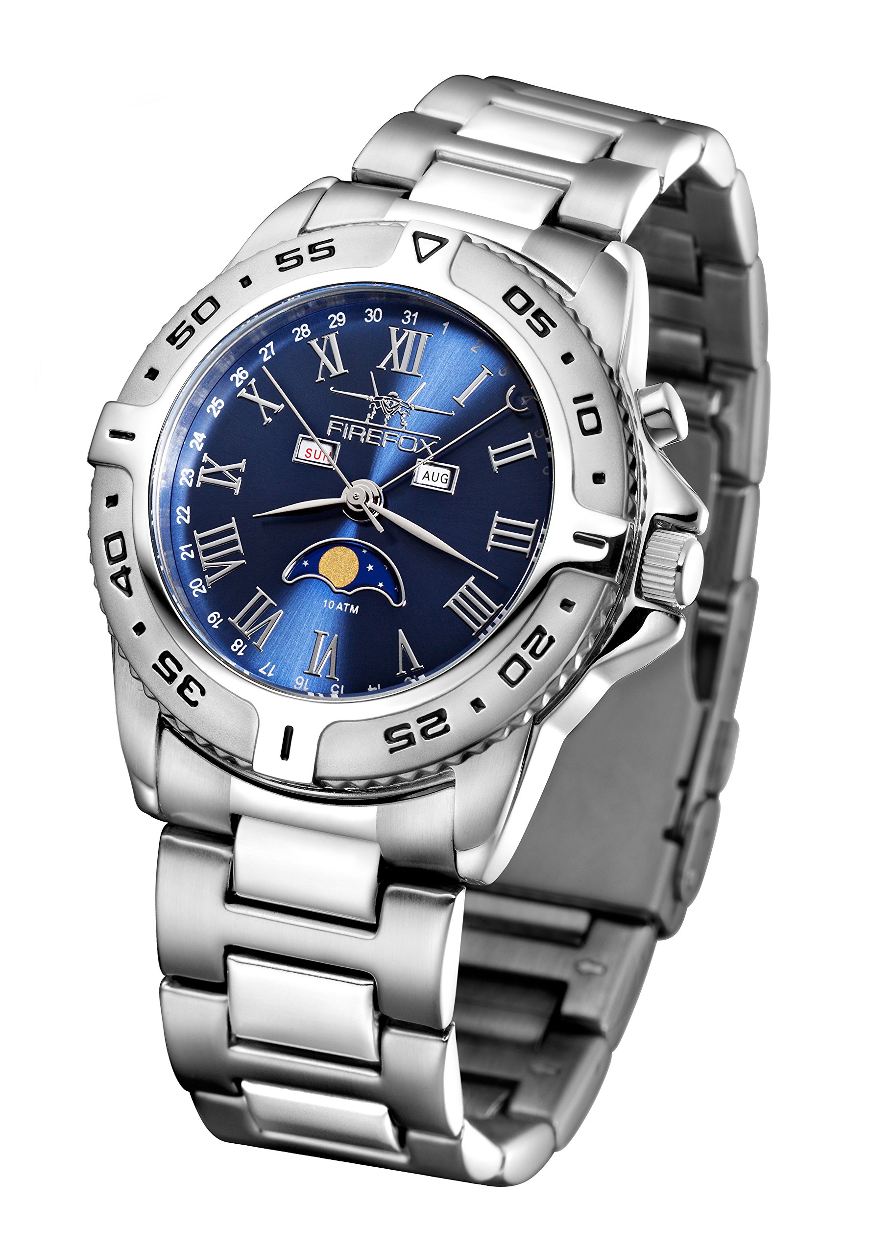 FIREFOX Mondphasenuhr FFS01-503 Sunray blau massiv Edelstahl Damenuhr Herrenuhr Armbanduhr Sicherheitsfaltschließe 10 ATM wasserdicht