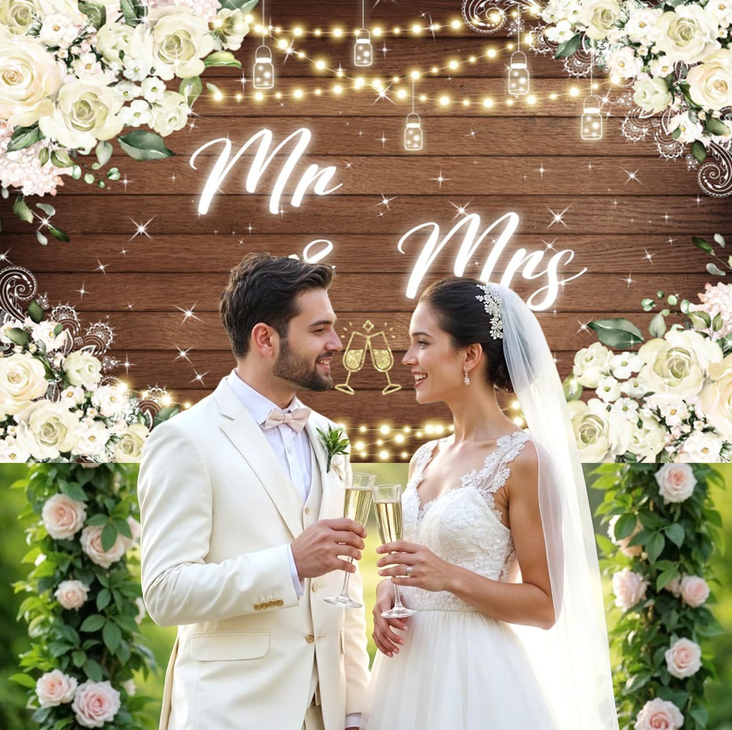 3.6x3m Mr & Mrs Hintergrund Weiß Floral Rustikal Holz Fotografie Hintergrund Braut Dusche Braut zu Sein Verlobung Hochzeit Party Dekorationen Banner Photo Booth Requisiten