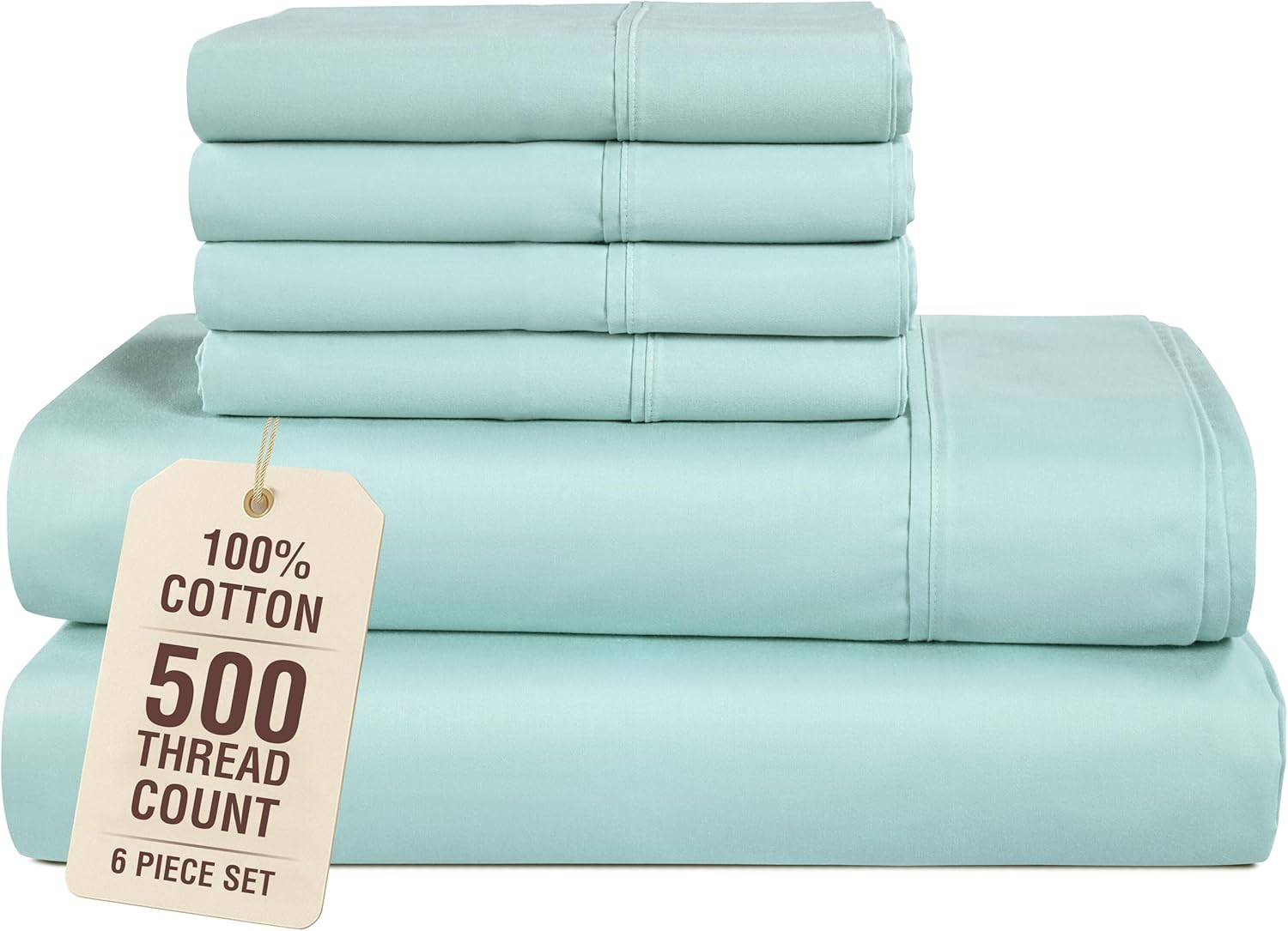 Casa Platino King Size Sheets, 500 Thread Count Smooth Sateen 100% Cotton, 6 Piece King Bed Sheets with Flat Sheet, 15 Inch Deep Pocket Fitted Sheet and Pillowcases, Breathable & Cozy – Blue Sky