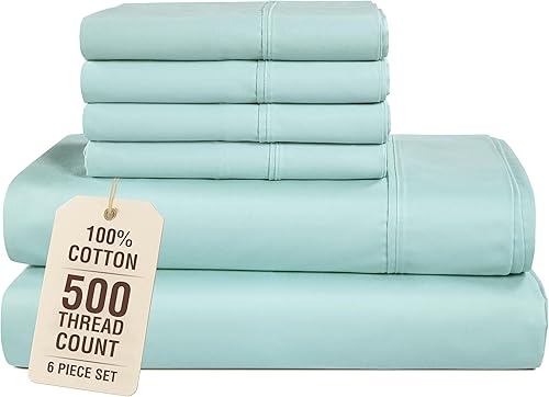 Casa Platino Sábanas tamaño King de 500 hilos, satén suave, 100% algodón, sábanas de 6 piezas con sábana encimera, sábana bajera ajustable y fundas