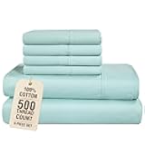 Bed Sheets Queen Size, 500 Thread Count Smooth Sateen 100% Cotton, 6 Piece Queen Bed Sheets with Flat Sheet, 15 Inch Deep Pocket Fitted Sheet and Pillowcases, Breathable & Cozy – Blue Sky