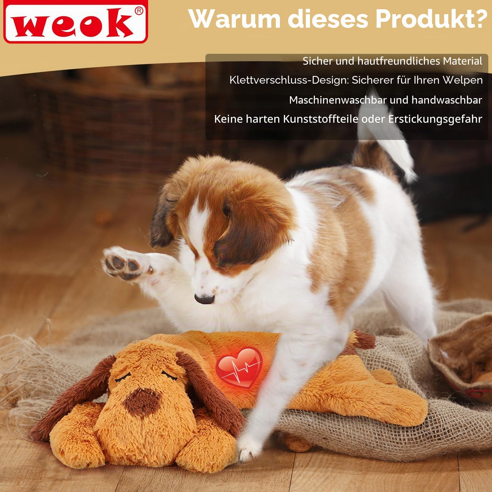 WEOK Herzschlag-Welpenspielzeug – Komfort-Kuschelkissen, zur Linderung von Angstzuständen, beruhigende Hilfe, Herzschlag-Spielzeug für Hunde, Welpenherzschlag-Spielzeug, Schlafhilfe