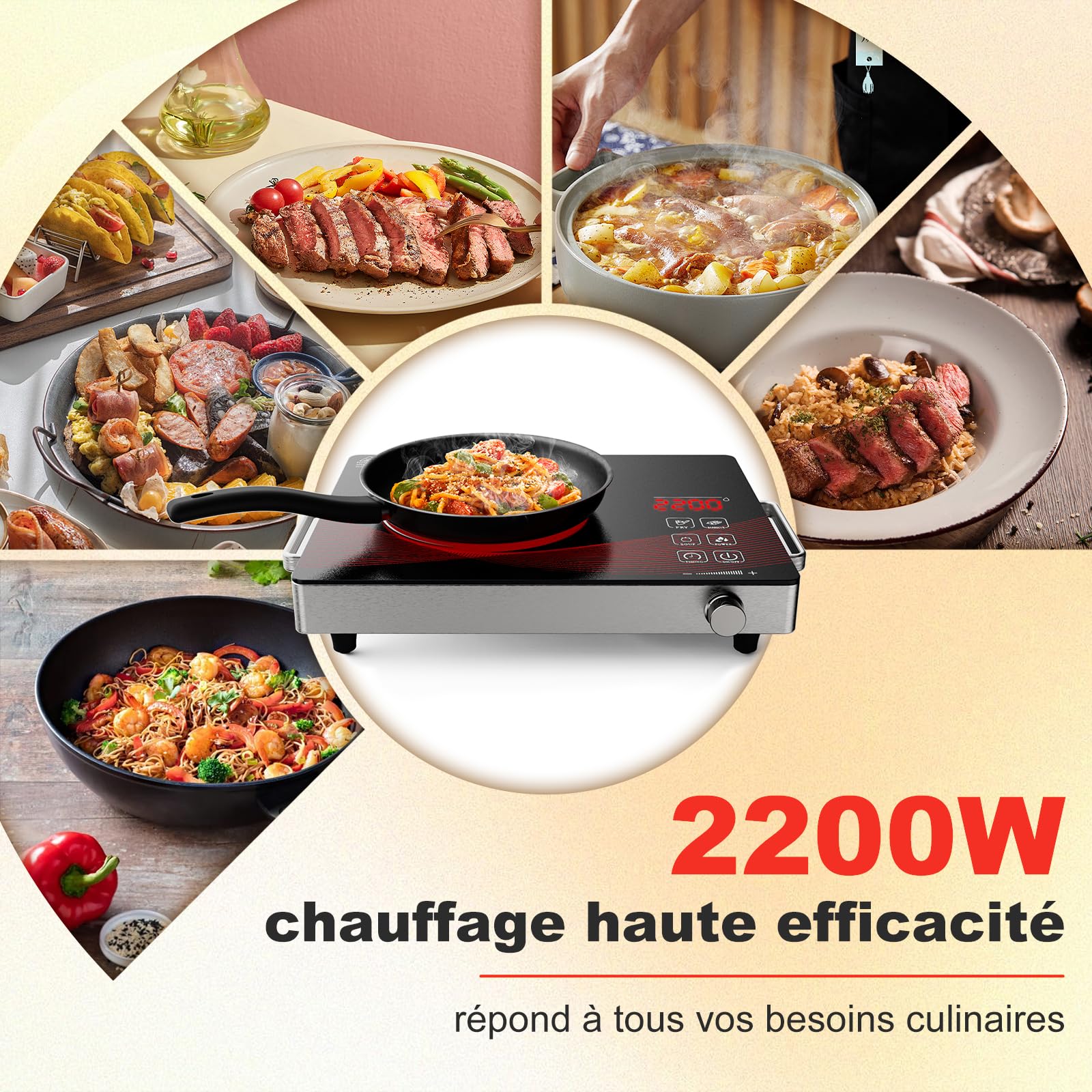 Alemania Plaque de cuisson électrique simple 2200W, plaque vitrocéramique infrarouge portable, réchaud électrique de comptoir, plaque chauffante compacte réglable pour cuisine et camping