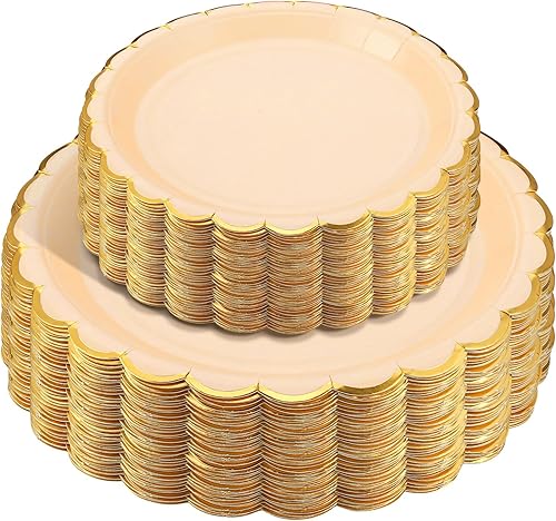 Tanlade 100 platos de papel festoneado de Navidad, platos desechables de 9 x 7 pulgadas con borde dorado para cumpleaños, baby shower, boda, fiesta,