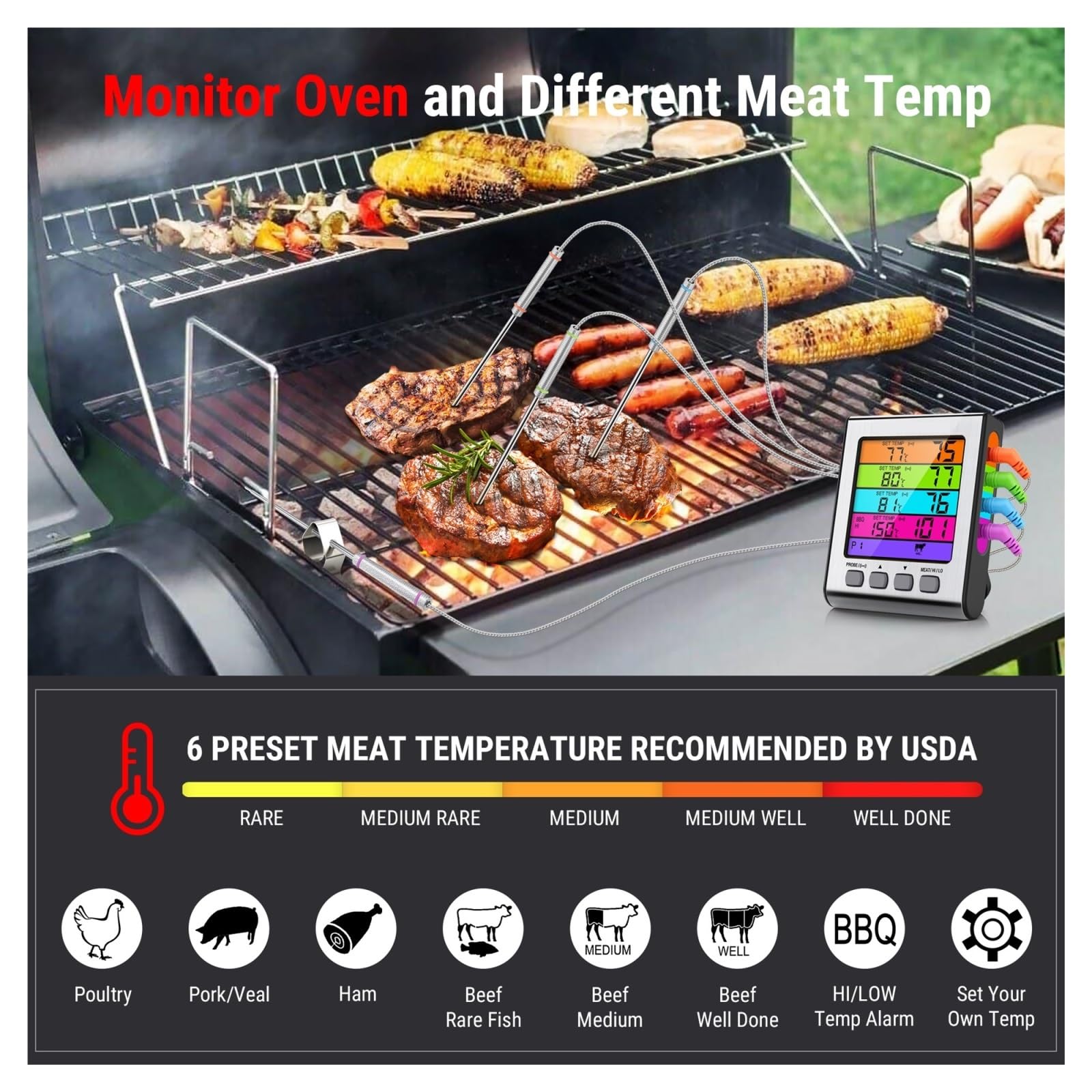 4 Sonde Retroilluminazione A Colori Ampio Display LCD Cucina Digitale Cottura Termometro For Barbecue A Base Di Carne Da Forno Preciso Veloce Monitoraggio In Tempo Reale