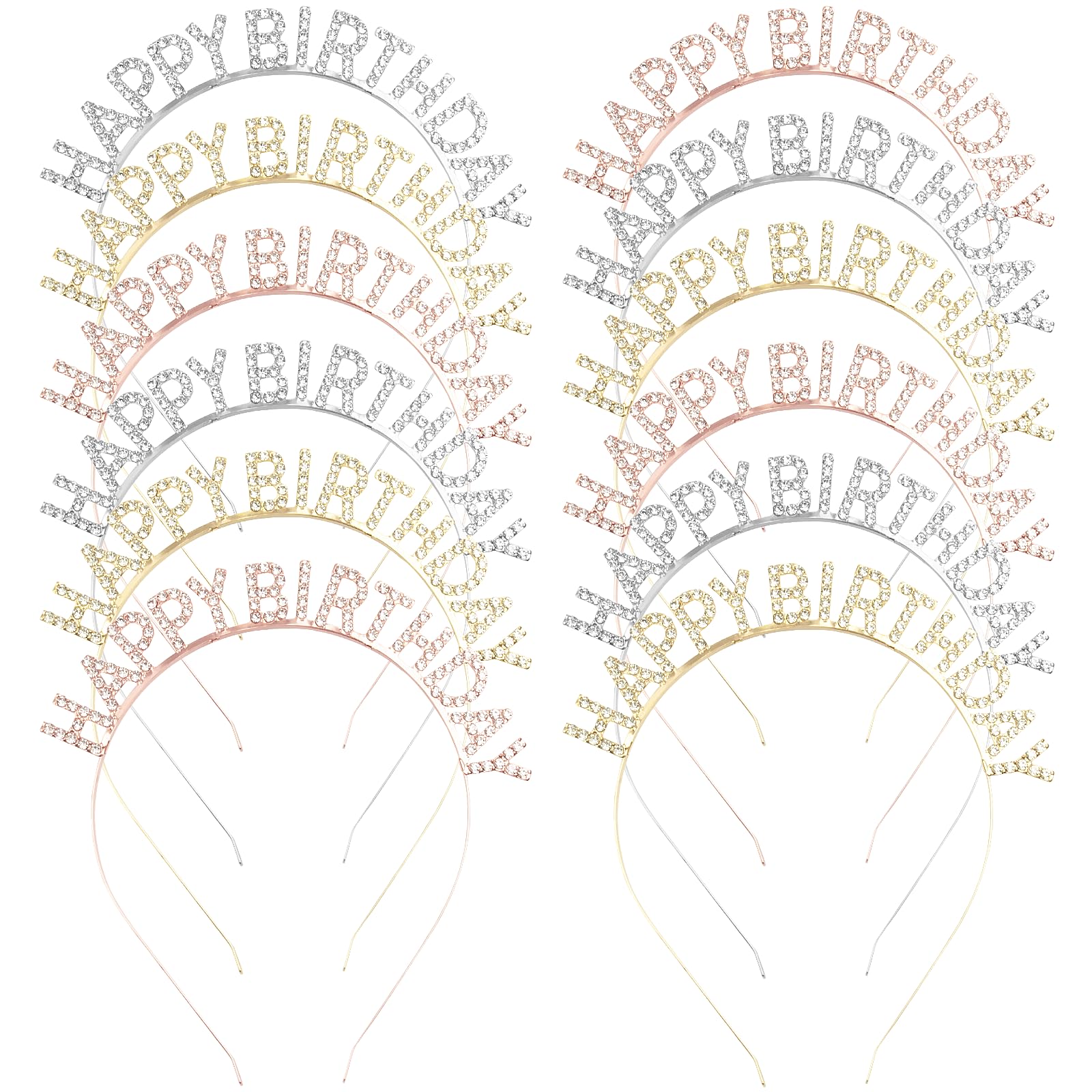 KoMvzyl 12 Pcs Rhinestone Happy Birthday Crowns Headbands Party Decorations Supplies Gift for Women Princess Birthday Tiara Bling Accessories