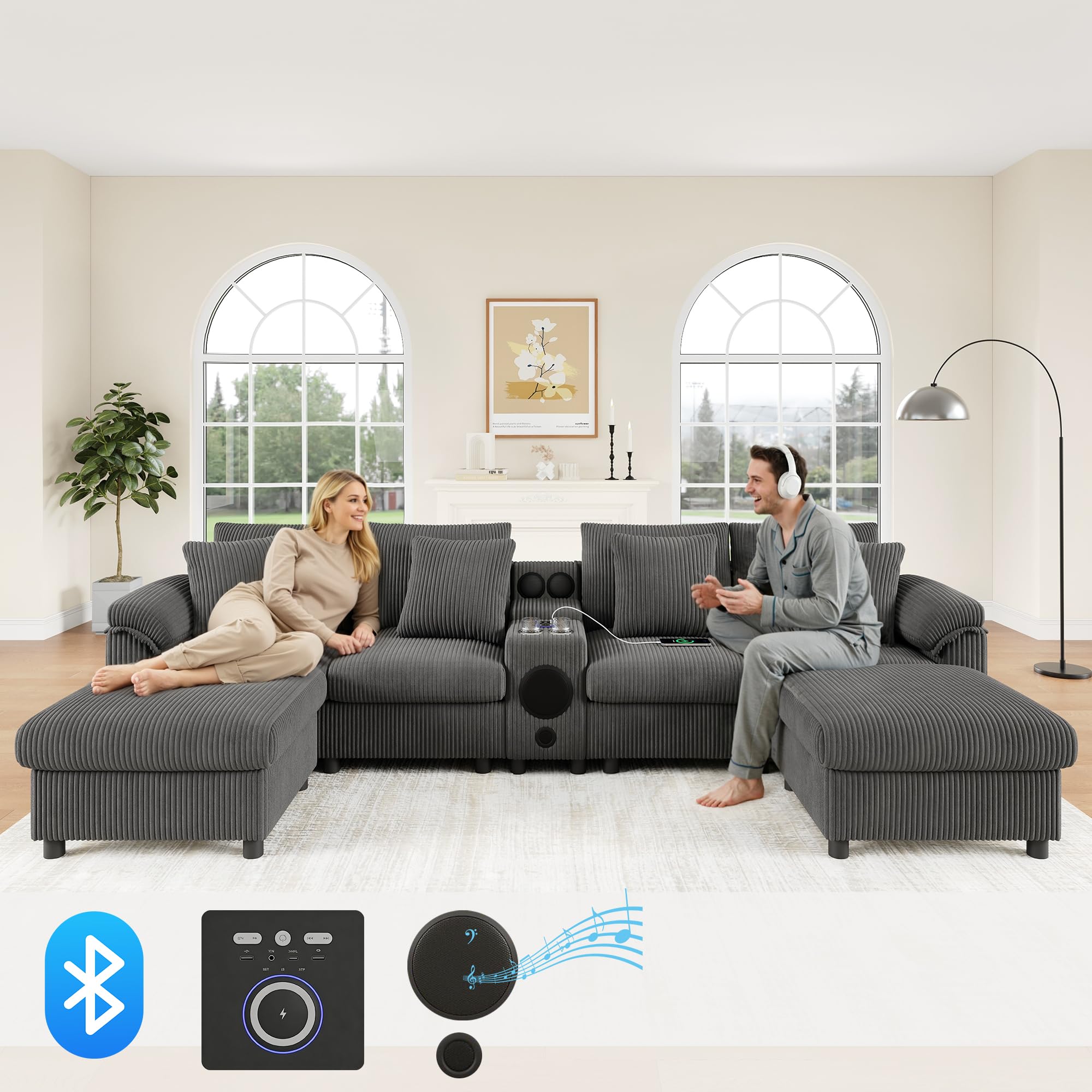 Sofá Convertible de 4 plazas en U con USB C (carga inalámbrica) y altavoz Bluetooth, sofá esquinero de pana con 2 reposapiés y 2 portavasos, sofá modular al salón Appt, gris