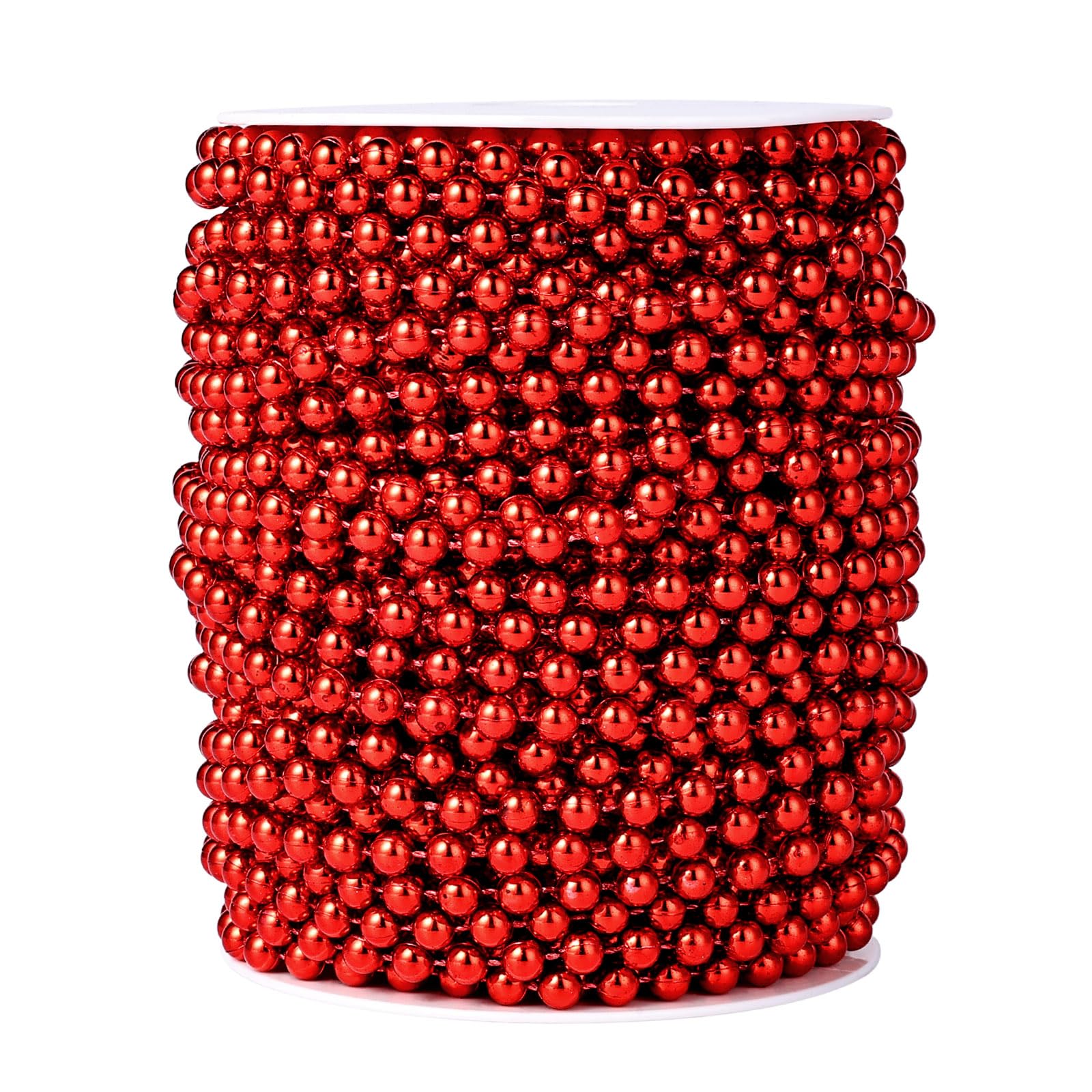 [98 Feet] Red Pearl Beads Garland, 6MM 33 Yards Red Faux Pearl Beads String Roll Bulk for DIY Craft Christmas Tree Festival Party Decoration