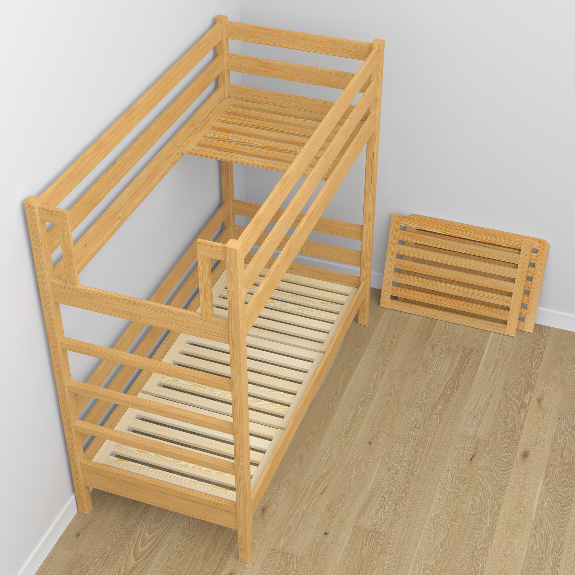 N03 Letto a castello 90x200, 100% Legno massello, Letto a soppalco per bambini e adulti, Vernici alta qualità ed ecologiche, 2 Strutture inclusa, Pino naturale