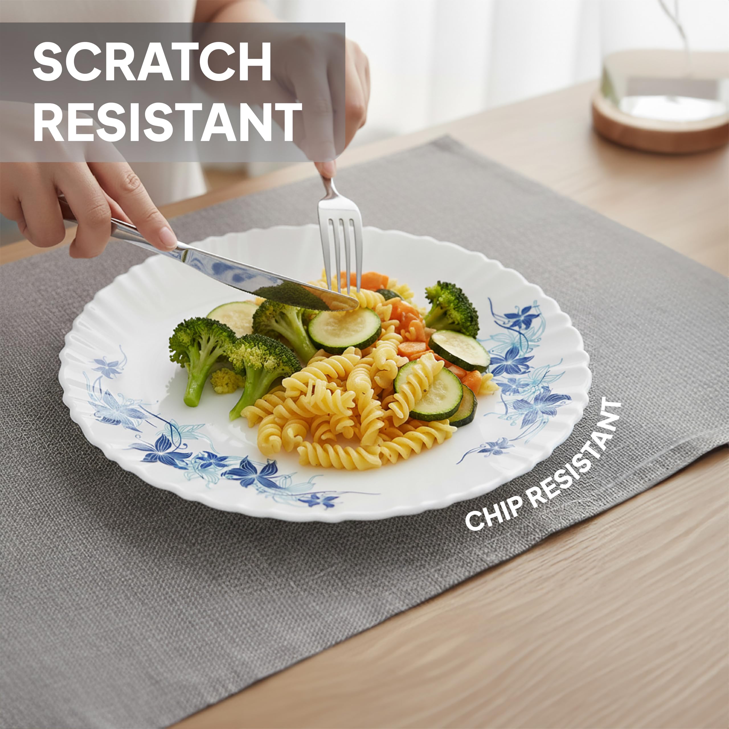 CELLO Blue Swirl Dazzle Series Opalware Dinner Set of 35 Pieces for Family of 6 | Bone-Ash Free & Leadfree Opal Glass, Microwave & Dishwasher Safe, Plates & Bowls Crockery Set for Dining & Gifting