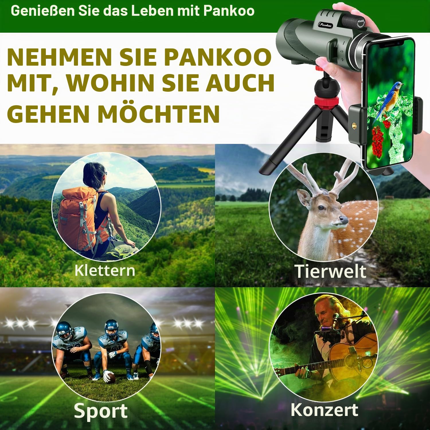 Pankoo 40×60 BAK4 Prisma Monockular für Erwachsene und Kinder, geringes Gewicht, kleine Tasche, leistungsstarkes Vogelbeobachtung, Reisen, Wandern, Wildtiere, Jagd, Konzerte