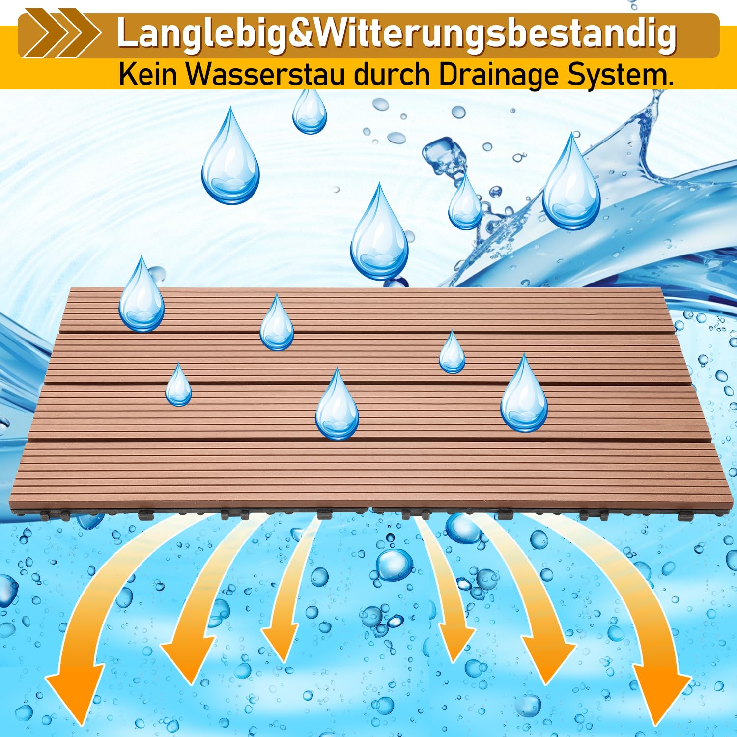 Randaco Płytki tarasowe WPC 30 x 60 cm, zestaw 30 sztuk na 5 m², płytki z tworzywa sztucznego, płytki na klik, płytki balkonowe z drenażem, do ogrodu, na taras, łatwe układanie, brązowe