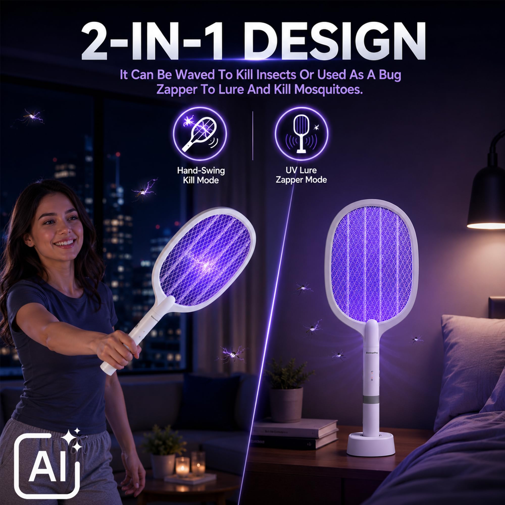 Elektrische Fliegenklatsche wiederaufladbar (2er-Pack), 2-in-1 elektrischer Insektenvernichter, Mückenfalle, Lampe und Schläger, USB-C-Ladeständer, leistungsstarkes Gitter, 3-lagiges Sicherheitsnetz