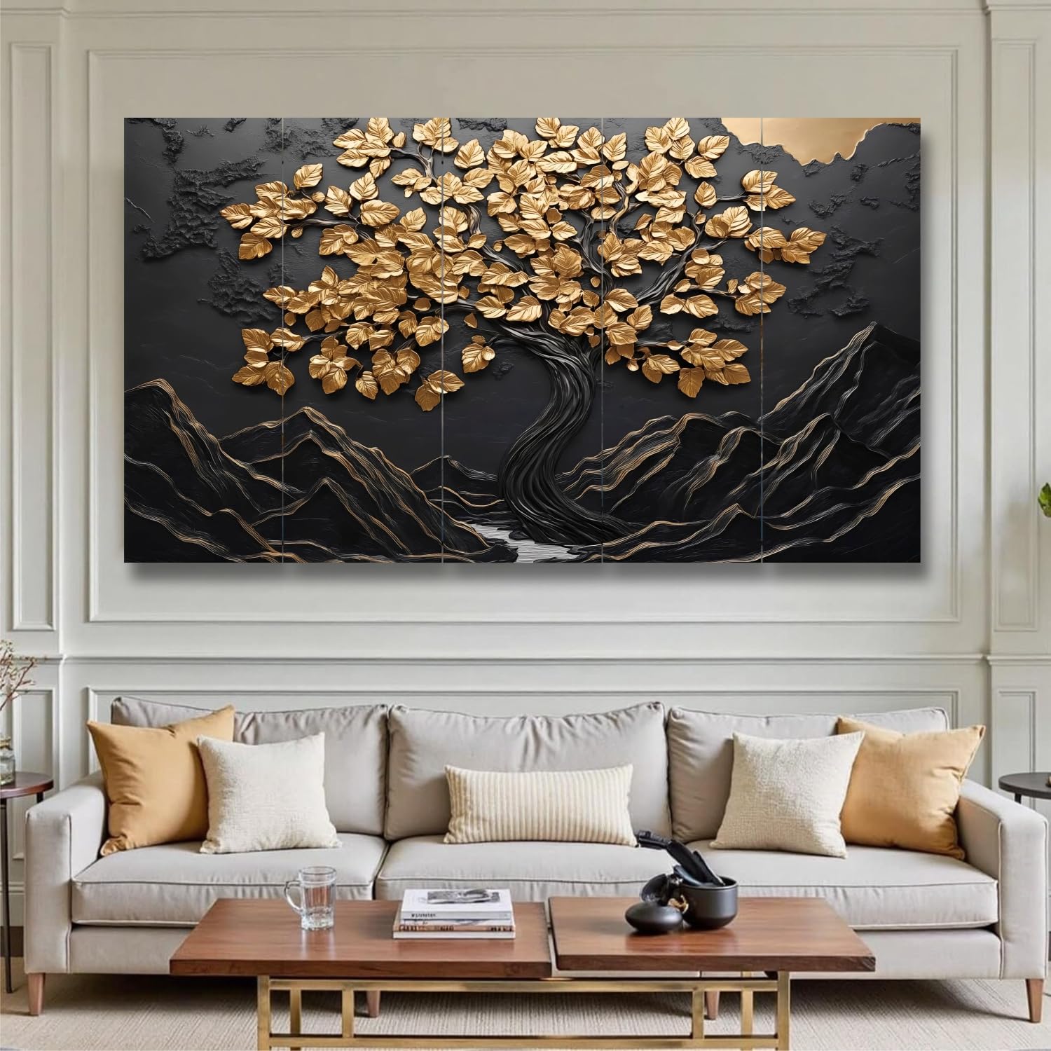 Artsense Vastu Wall Panel Painting for Wall Decoration – Set of 5 Premium MDF Panels, Golden Tree of Life Art for Positive Energy, Living Room Large Size Home Decor (53 x 27 Inches / 134.6 x 68.6 cm)