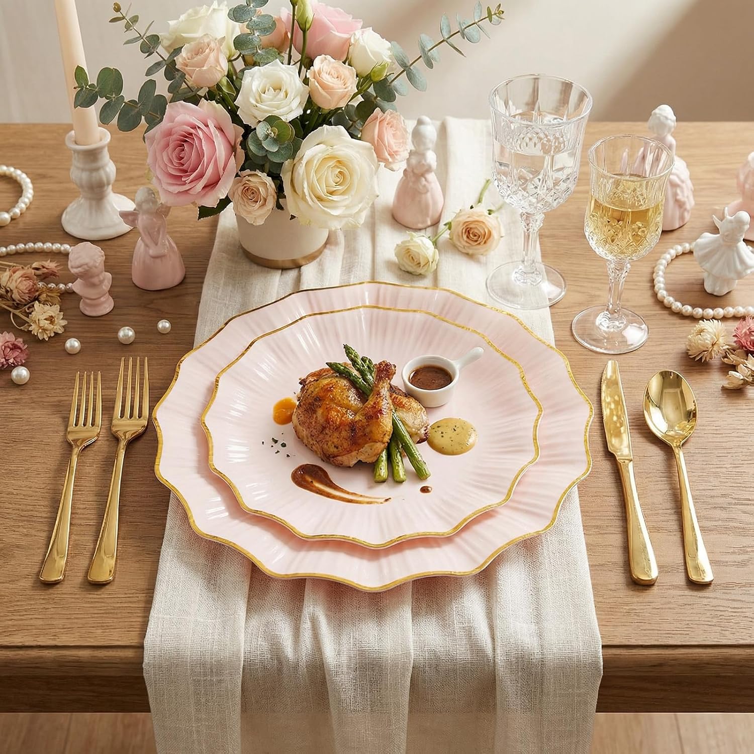 Rubtlamp 60Pcs Pink Plastic Plates - Pink Scalloped Plates with Gold Trim - 30 Dinner & 30 Dessert Platos, Heavy-duty Gold Plates for Party, Wedding&Mother’s Day (30 Guests)