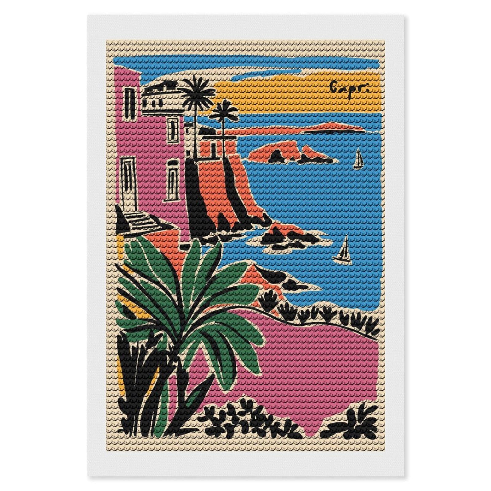 Junmoney Capri Coastline Illustration Round Drill Diamond Painting 8"x12", Satisfying Creative Project, Complete Accessories, Printed Canvas