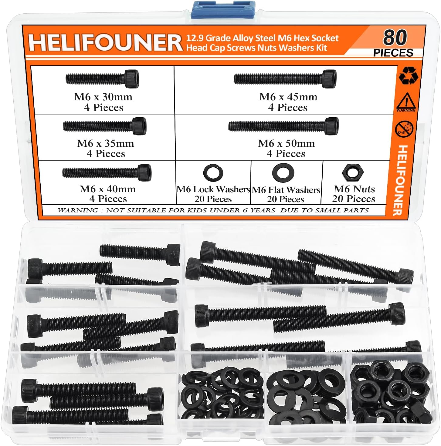 80 Pieces M6 x 30mm /35mm /40mm /45mm /50mm, Hex Socket Head Cap Metric Screws Bolts Washers Nuts Kit, 12.9 Grade Alloy Steel, Fully Threaded, Black
