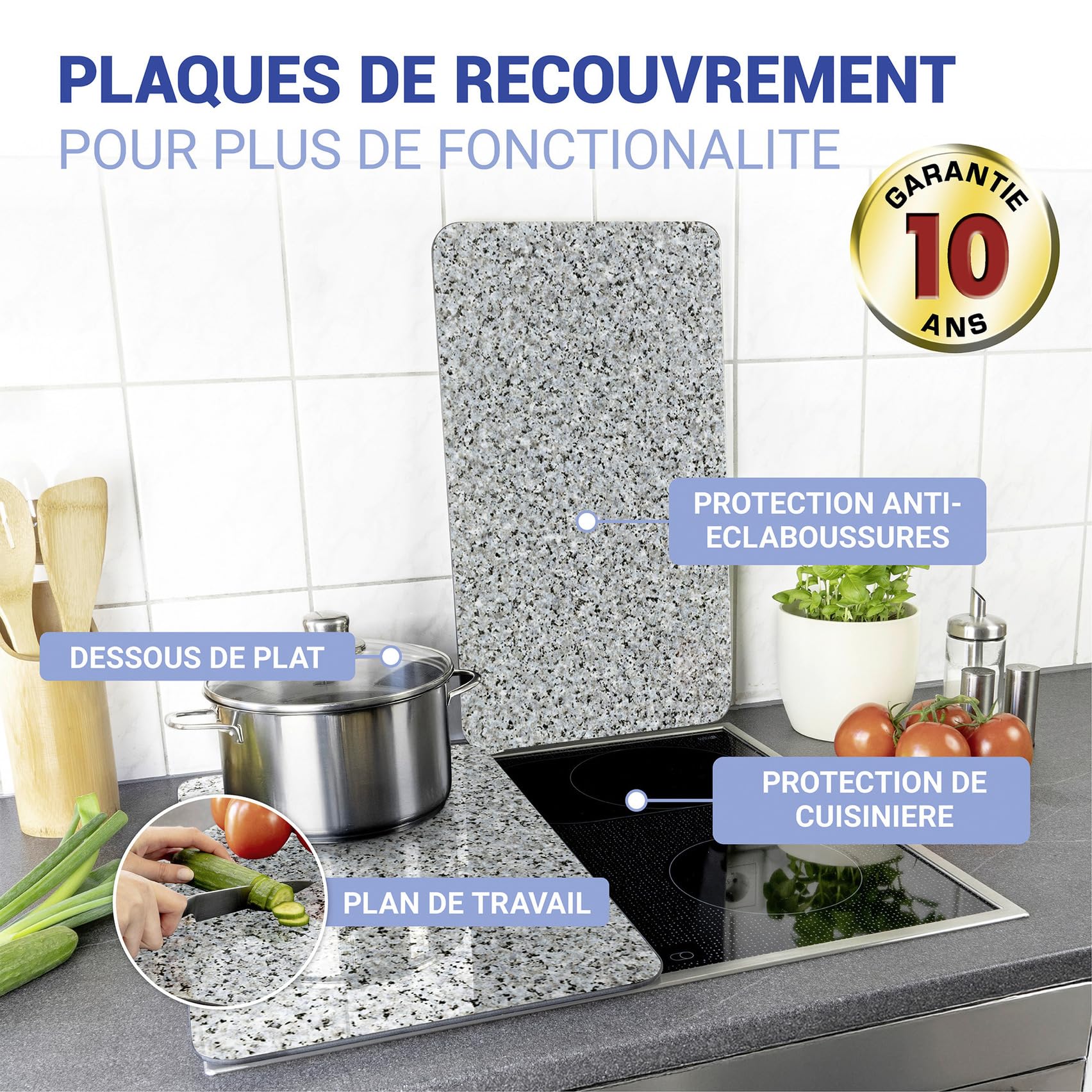 WENKO Plaque de Recouvrement Universelle Mod. Granit, réglable en hauteur pour tout type de cuisinière, planche à découper et protection anti-éclaboussures, verre, 30 x 52 cm, 2 pièces