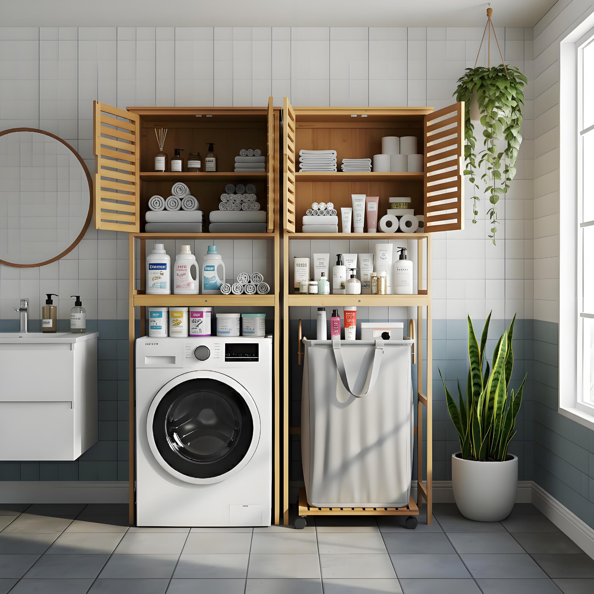 Toilettenregal Bambus 170x66x23 cm - Waschmaschinenregal | Badregal bambus, wc regal, platzsparend, ueberbauschrank, waschmaschinenschrank, kippschutz, lamellentueren, stabil