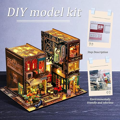 Miniatura 7 de Tzgsonp Kit de rincón de libros, casa de muñecas de bricolaje, estante de libros, decoración de callejón con luz LED, kit de rincón de libros en