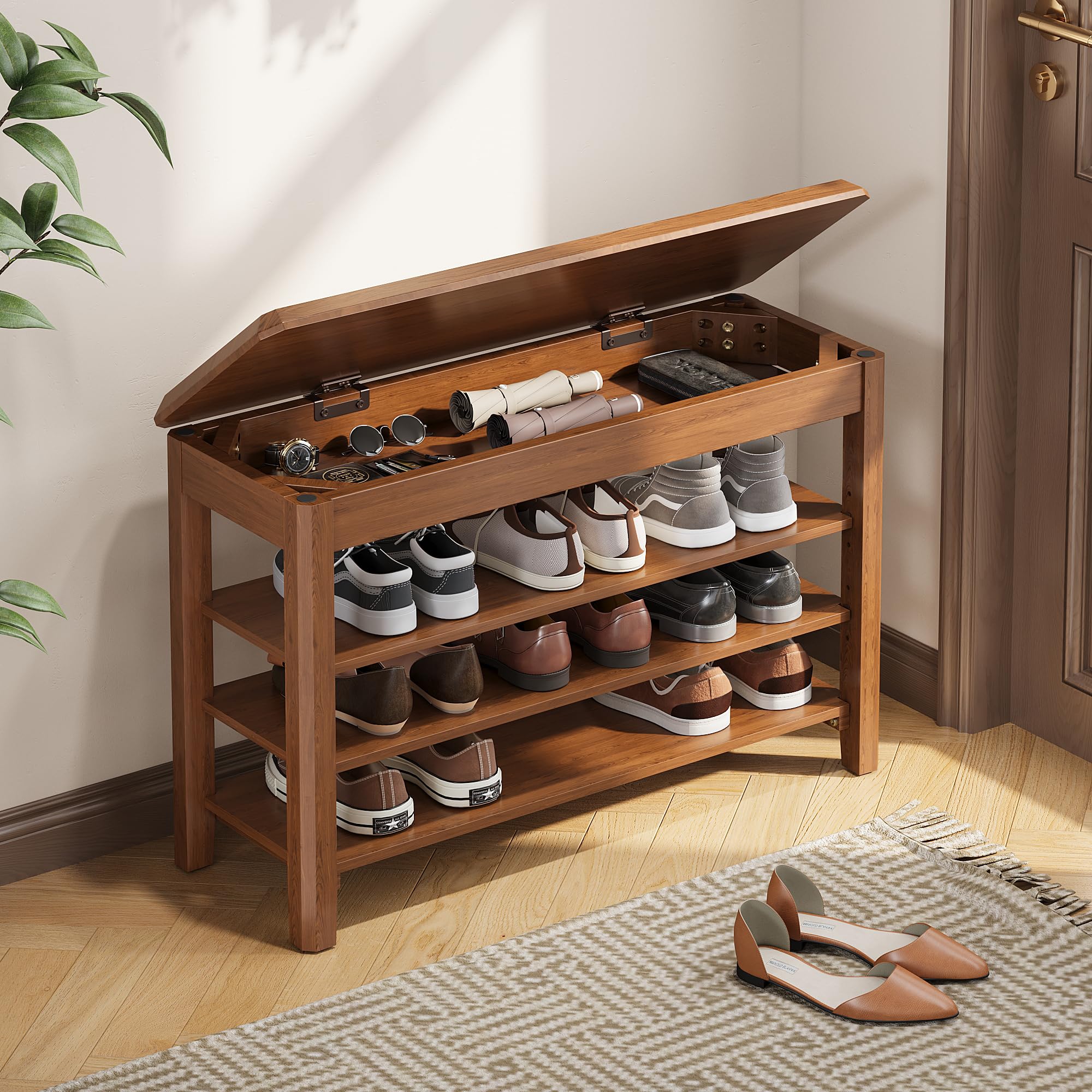 IUNVR Shoe Rack Bench Seat Rubberwood 3-Tier Wooden Storage Bench 550lbs Compact Mid-Century Modern Design for Entryway, Hallway, Closet, Front Door