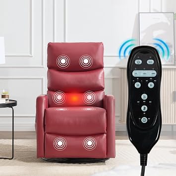 360 Swivel Recliner Chair for Adults, Small Manual Rocker with Heat & Massage, PU Leather Upholstered, Adjustable Backrest, Footrest & Side Pockets, Modern Living Room Chair, Red