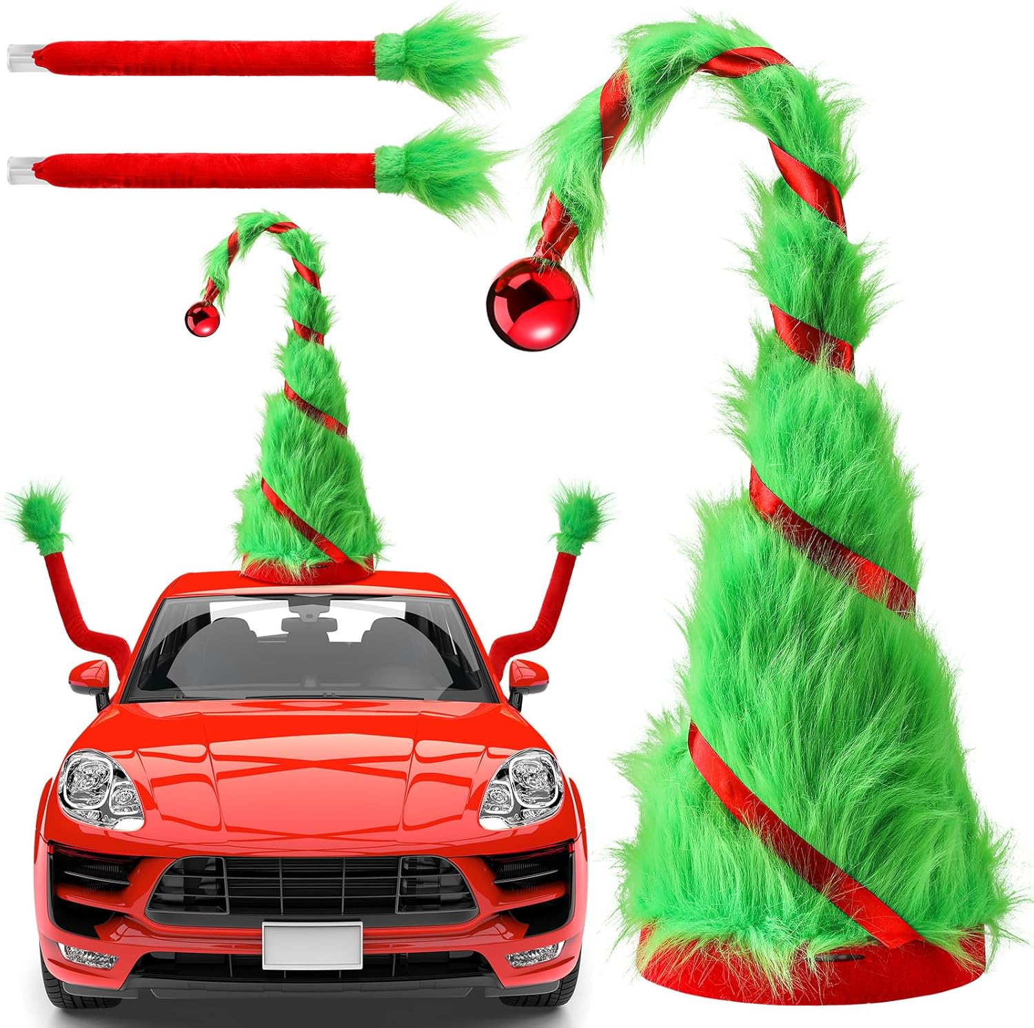 43.4'' Christmas Green Plush Hat with Arm Outdoor Car Decor for Automobiles Cute Funny Large Green Christmas Car Decoration Suitable for Most Outdoors Accessories