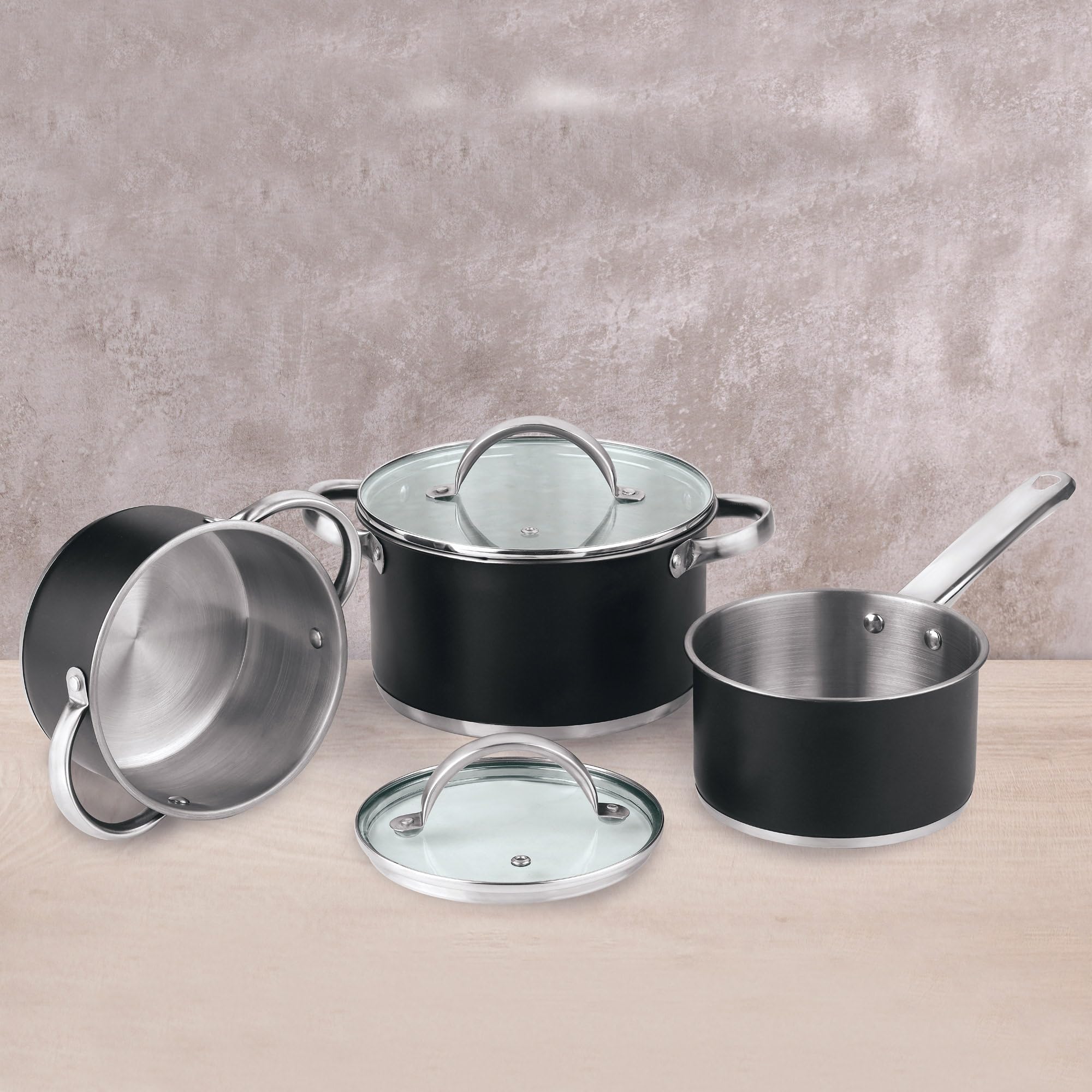 Batería de cocina 5 piezas: Ø16 Ø20 y Ø24 cm en acero inoxidable con tapas + Juego de sartenes Ø16 Ø20 Ø24 aluminio prensado, inducción