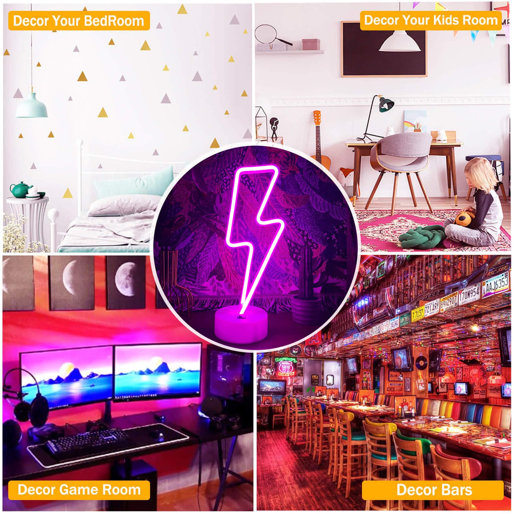 Letreros de neón con forma de rayo, luz de neón púrpura con base para dormitorio, USB/batería, lámpara de neón de trueno, luz nocturna, letrero LED en forma de rayo, decoración para
